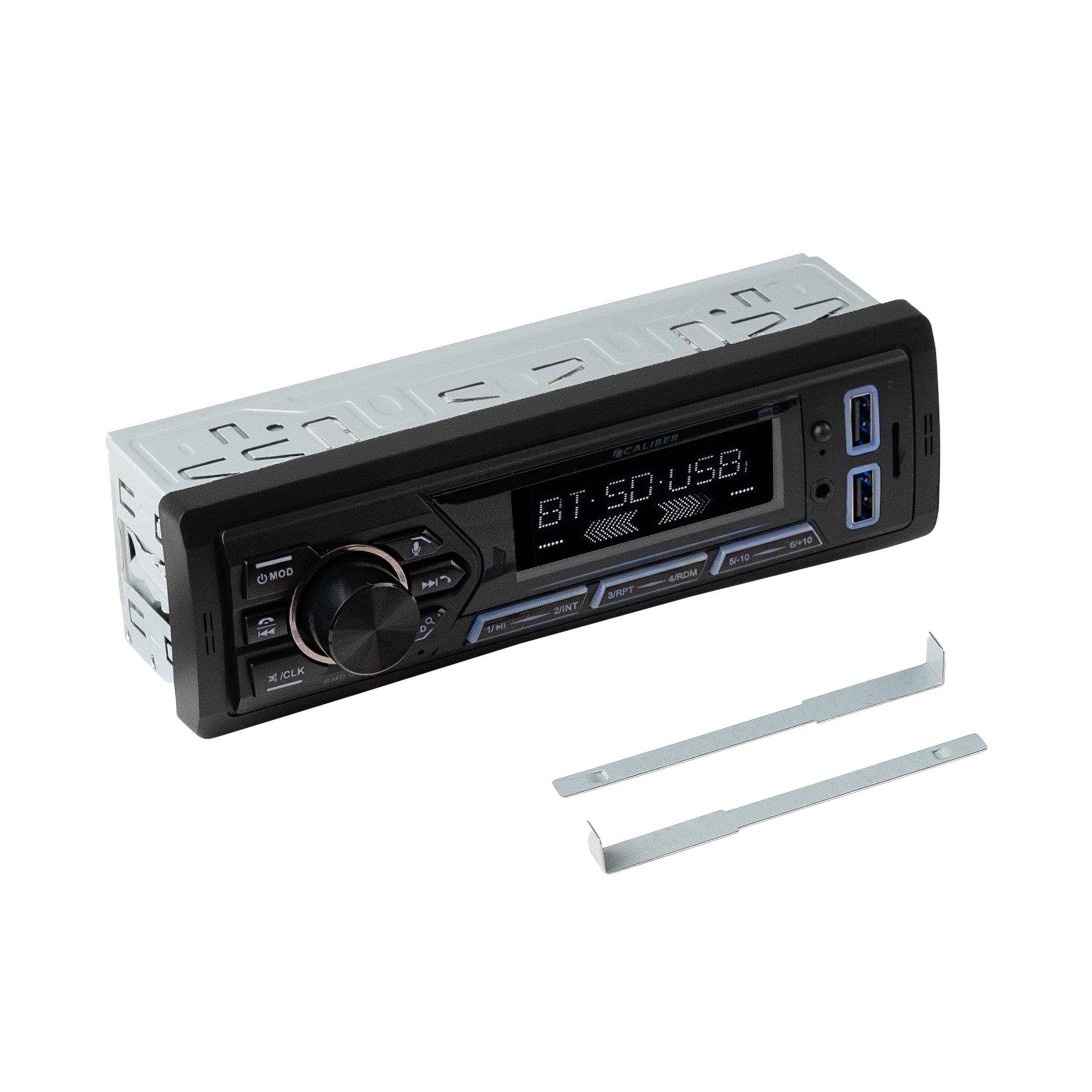 A black car stereo with a screen. Silver metal brackets are below it. It is on a white surface.