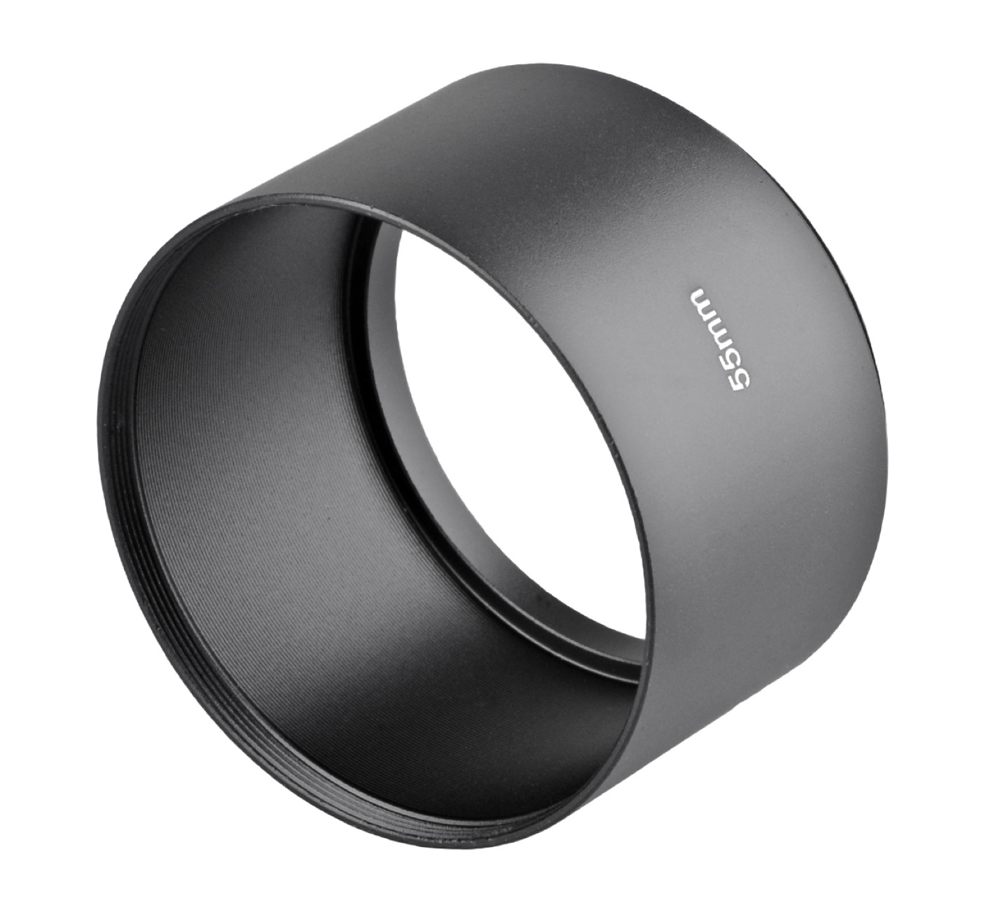 Schwarze Objektiv-Gegenlichtblende für ein Kameraobjektiv. Der Text an der Seite zeigt 55 mm an.