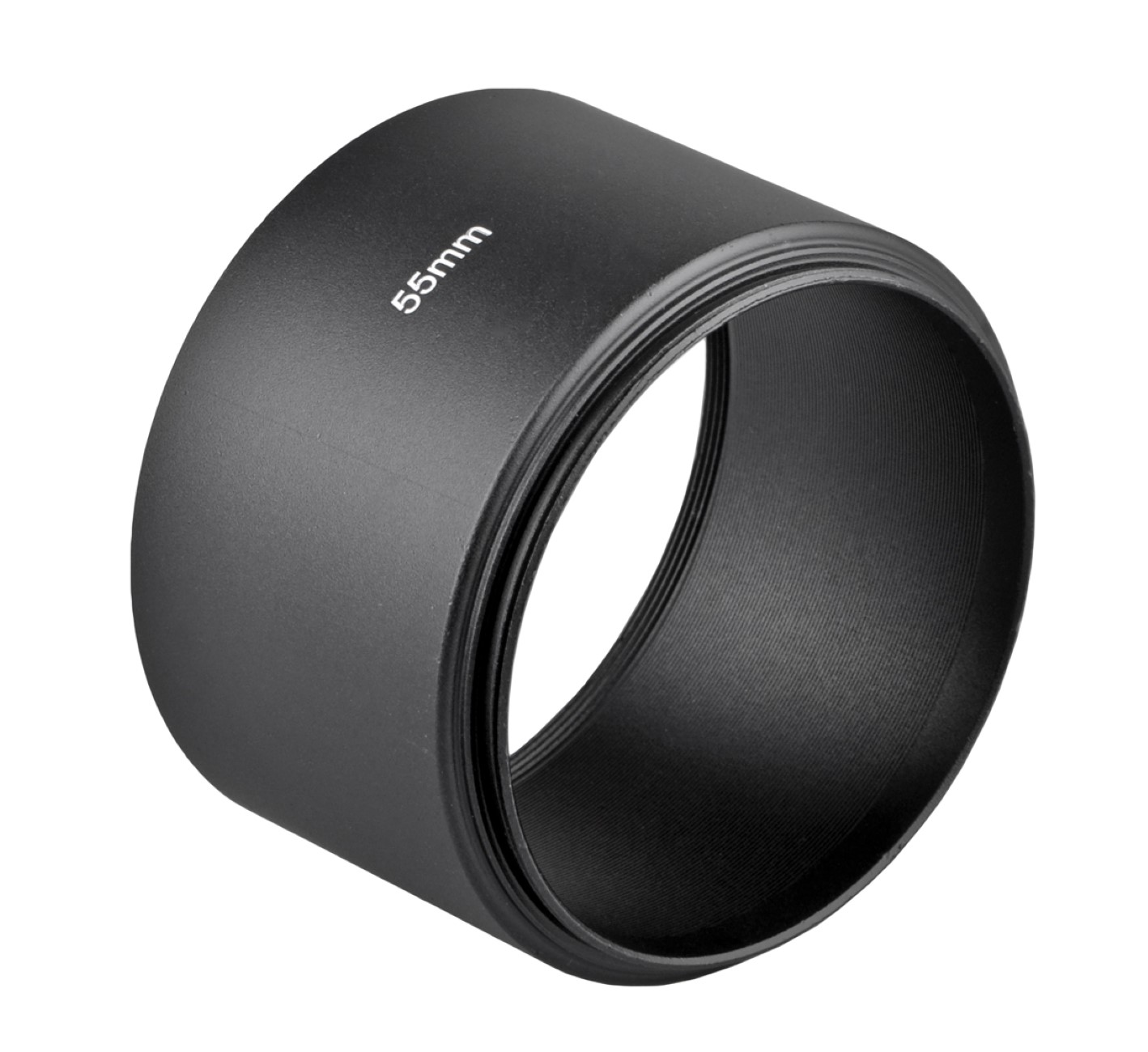 Schwarze Sonnenblende mit 55mm Text, auf weißem Hintergrund. Die Haube ist zylindrisch.