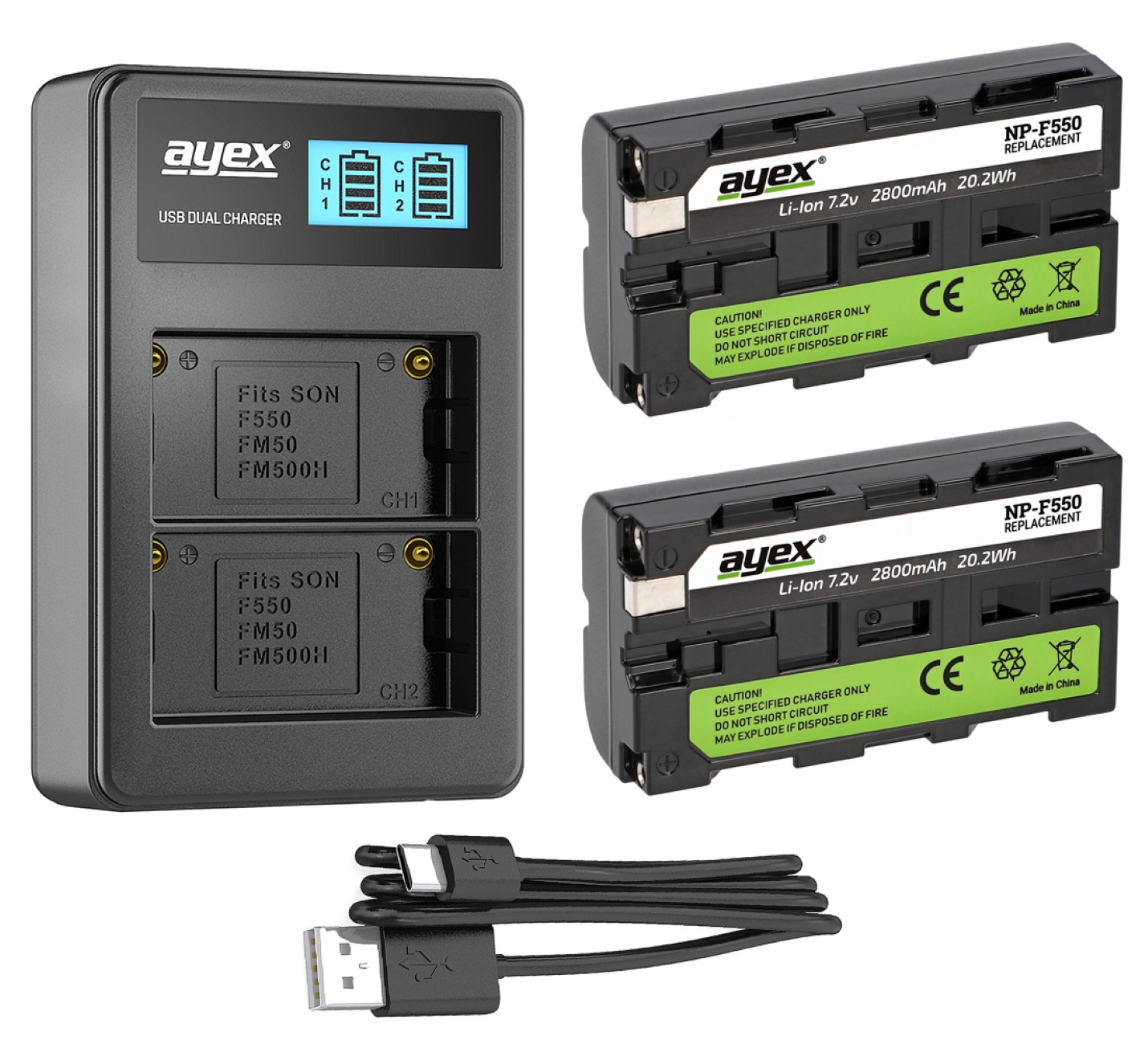 Dual-USB-Ladegerät mit zwei Akkus und USB-Kabeln. Das Ladegerät ist schwarz.