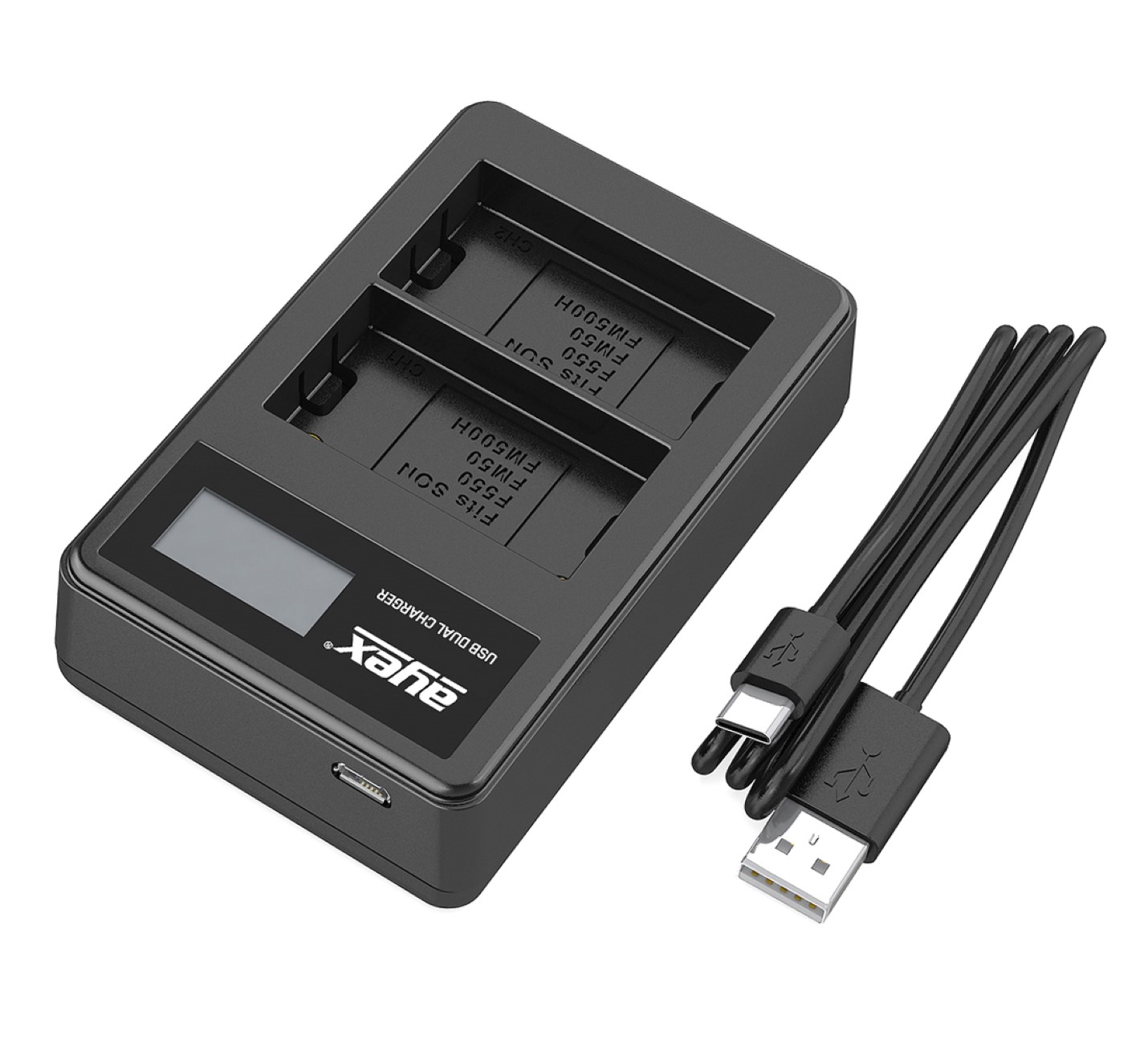 Schwarzes Dual-USB-Ladegerät. USB-Anschlüsse und Display. USB-Kabel angeschlossen. Weißer Hintergrund.
