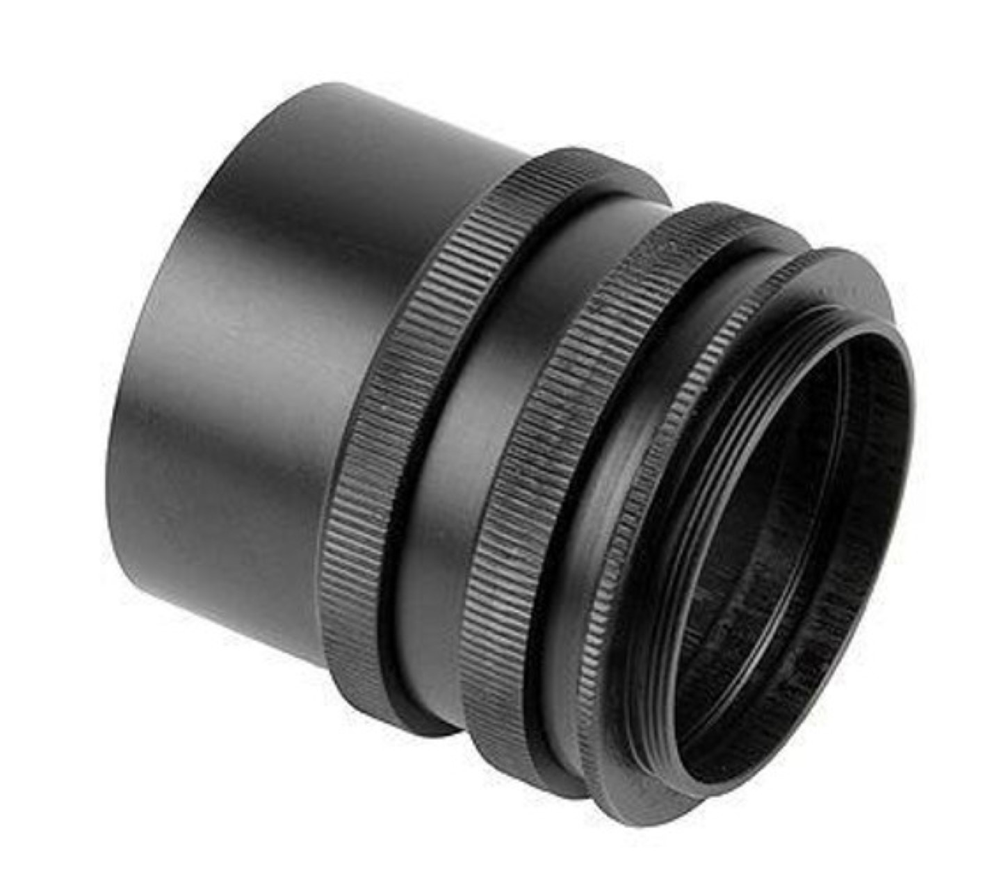 Schwarzer Kameraobjektivadapter. Zylindrisch, mit mehreren Ringen und Rippen.