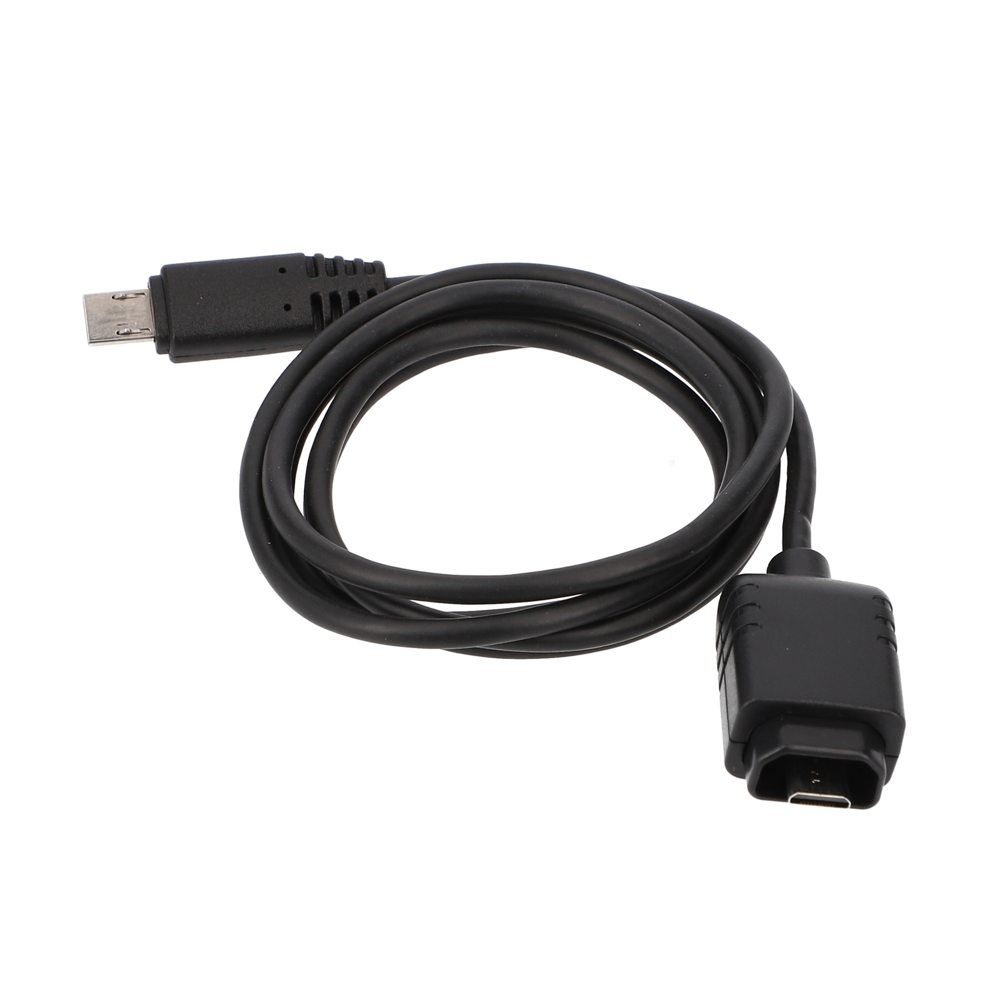 Ein schwarzes USB-Kabel mit Micro-USB und Spezialanschluss.