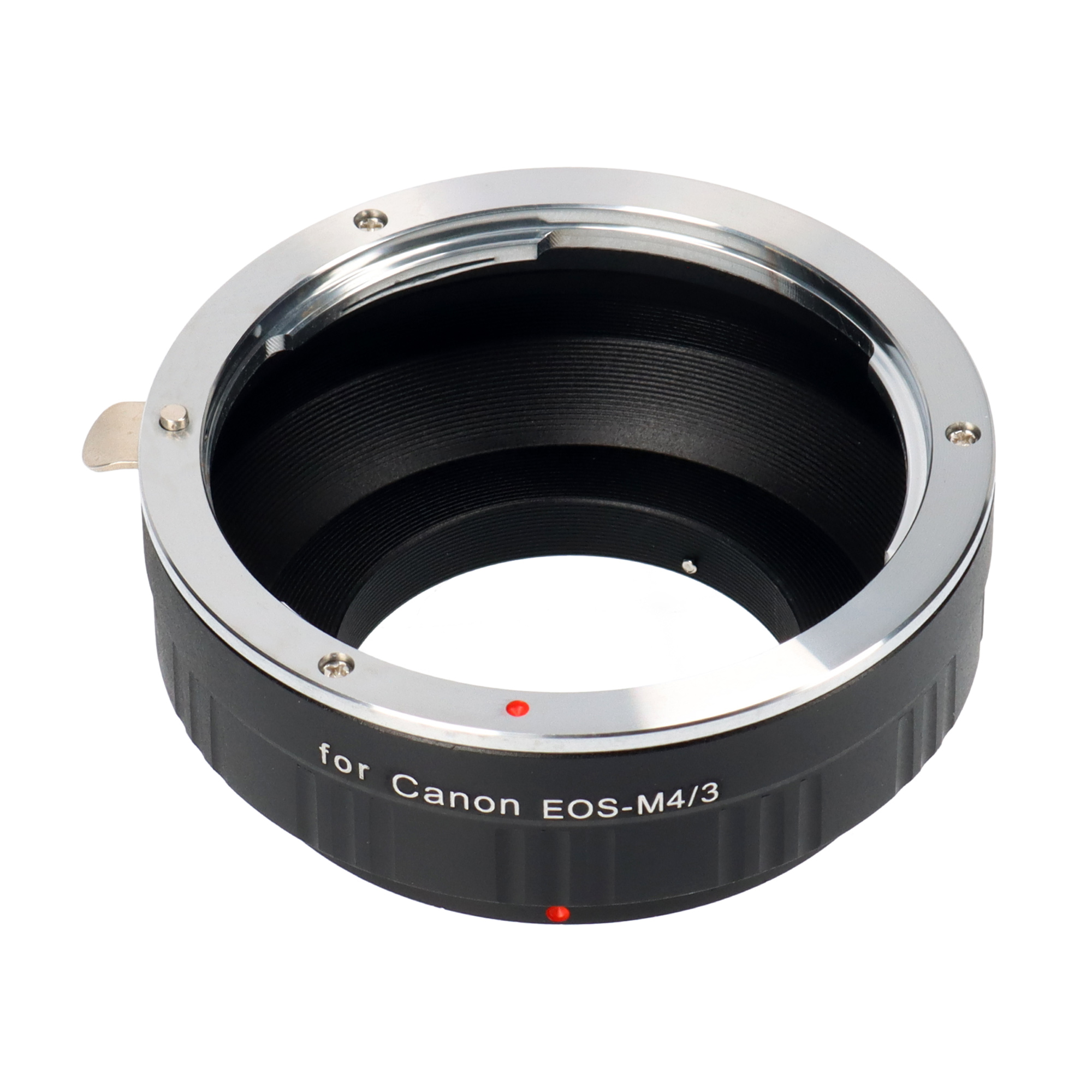 Objektivadapter für Canon EOS-M4/3. Schwarz und Silber, mit rotem Punkt.