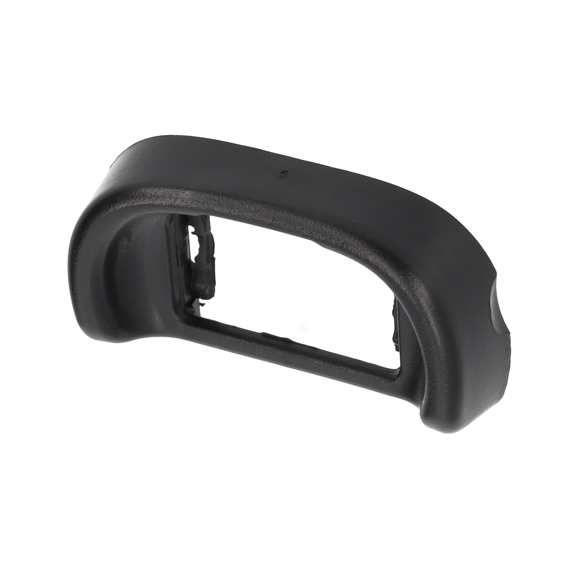 Schwarze Kamera-Sucherabdeckung. Es hat eine rechteckige Öffnung und besteht aus Kunststoff, abgewinkelte Form.