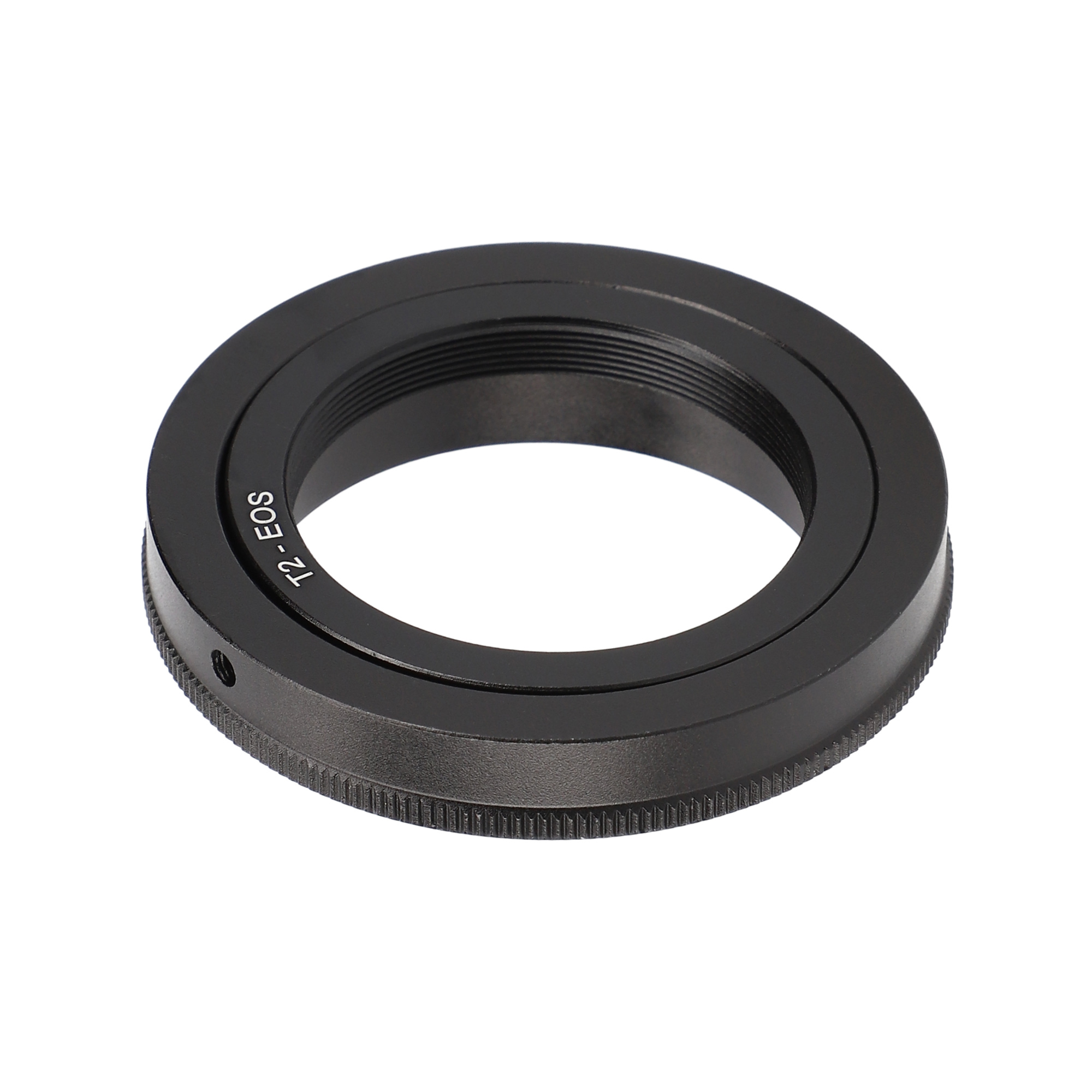 Ein schwarzer T2-EOS-Adapterring. Es ist ein Ring mit Gewinden an den Außen- und Innenkanten.
