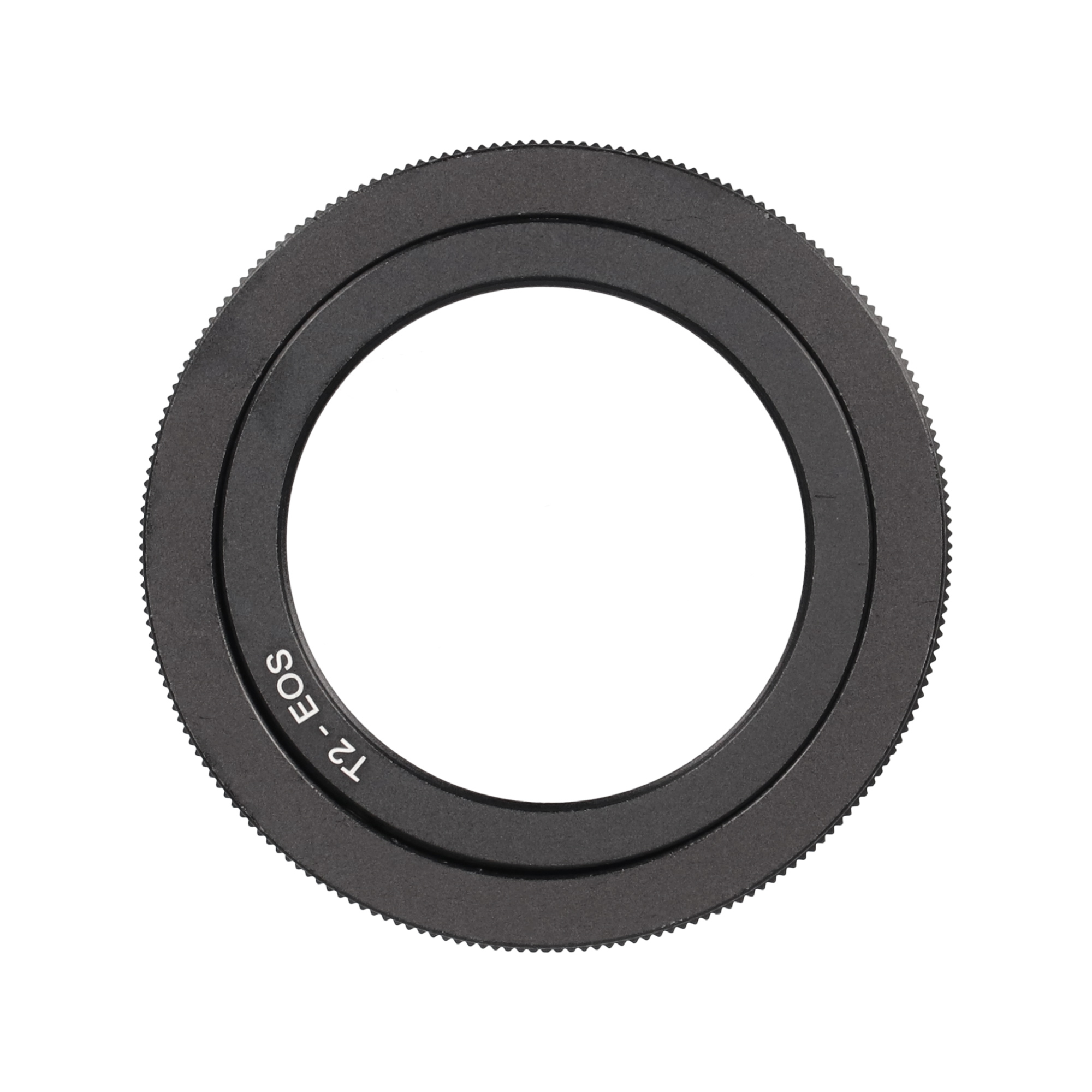 Ein schwarzer Metall-T2-EOS-Adapterring mit Ringform und Rillen.