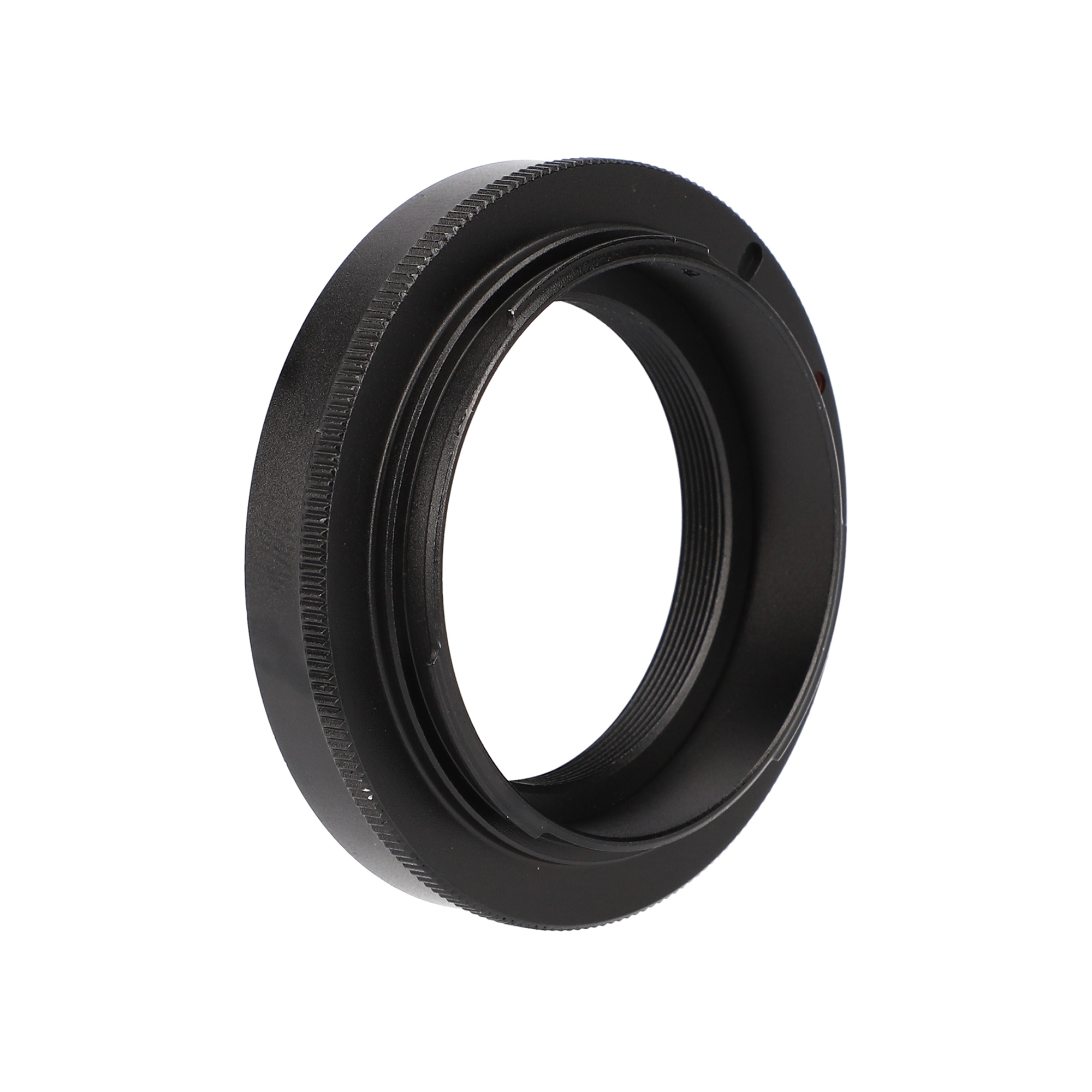 Schwarzer Kameraobjektivadapterring mit Innengewinde und glatter Außenseite.