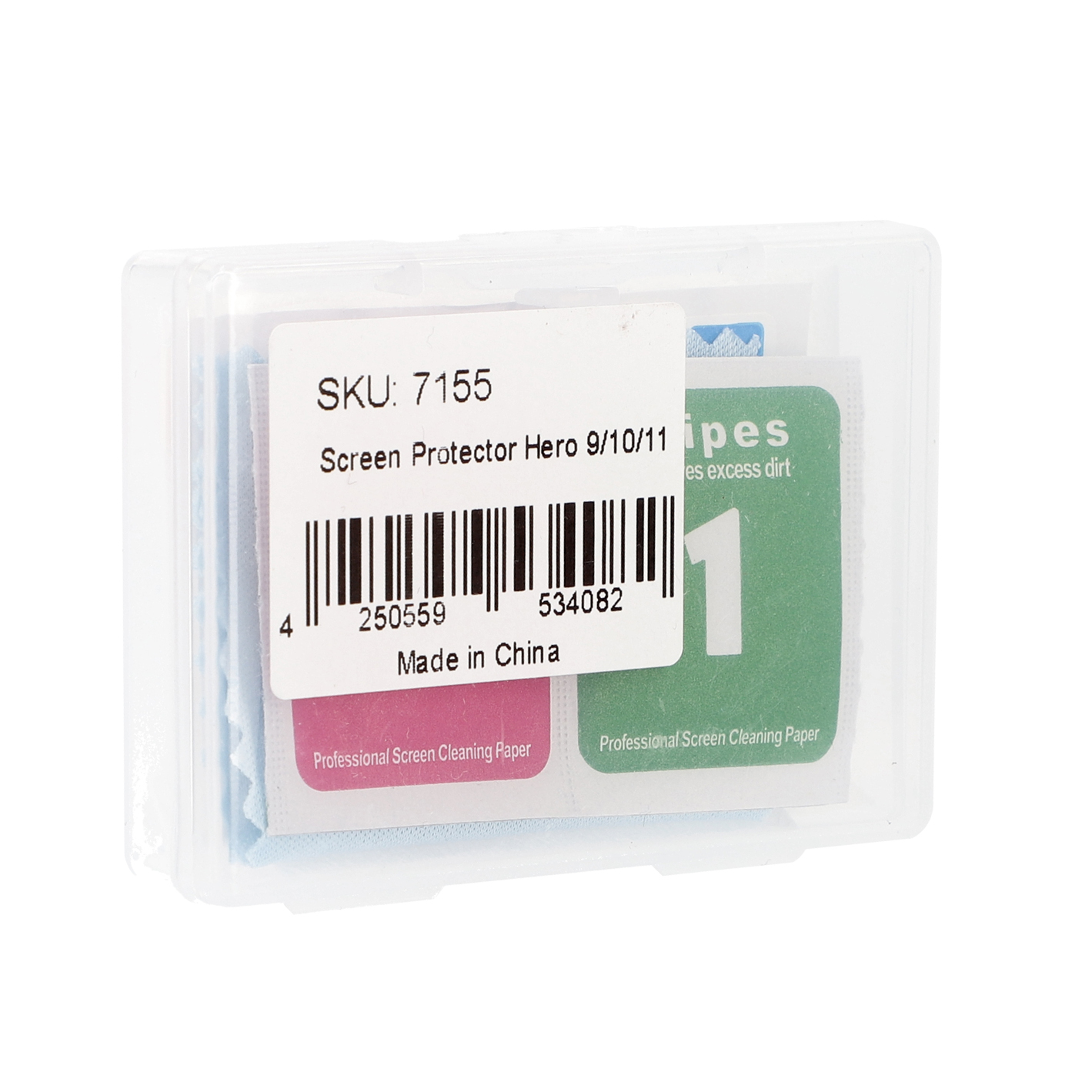 Displayschutzfolien-Kit in einem durchsichtigen Kunststoffgehäuse, mit Reinigungstüchern und Barcode-Etikett.