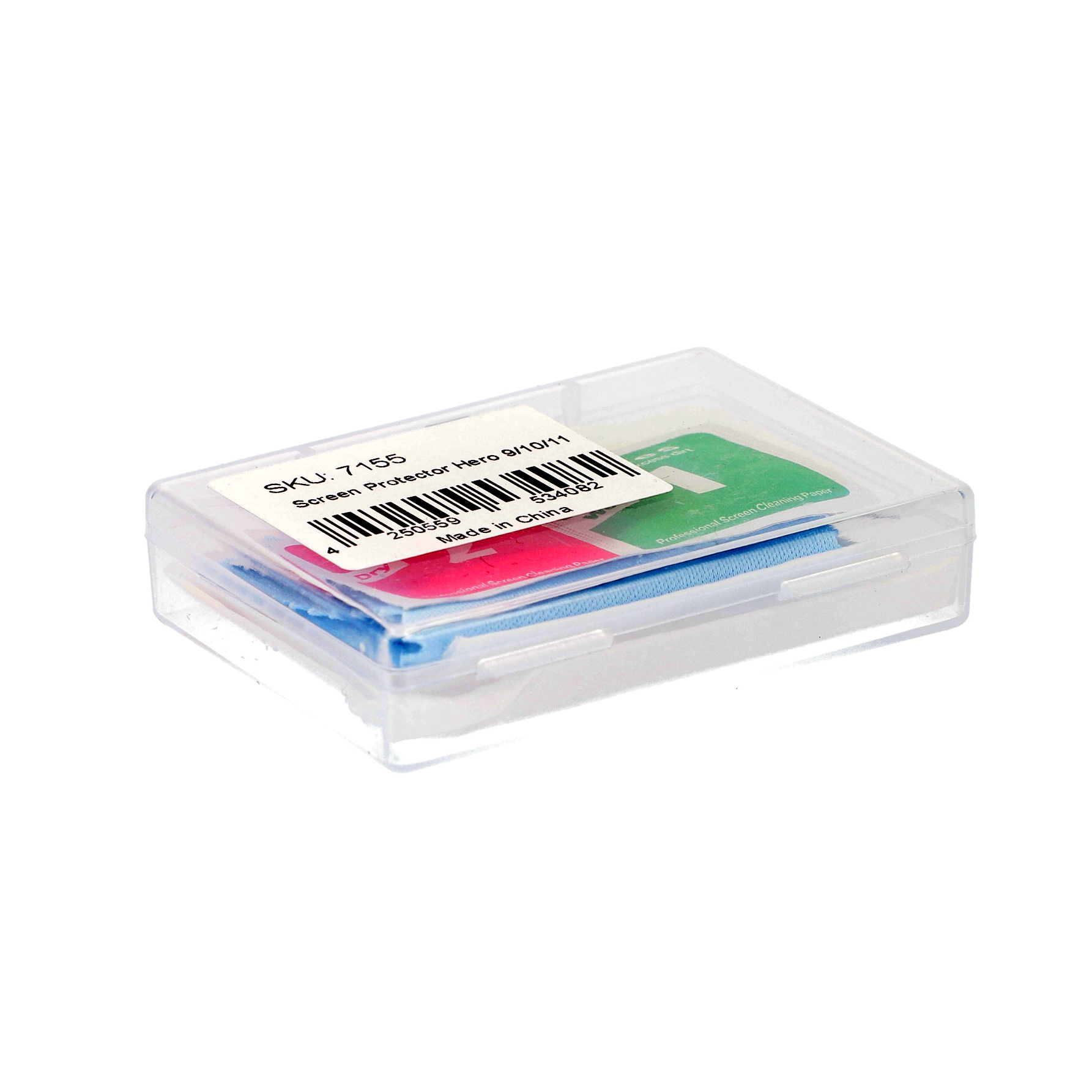 Eine transparente Plastikbox mit zwei Displayschutzfolien, einem Reinigungstuch und einem Reinigungspapier. Die Box hat ein Etikett.