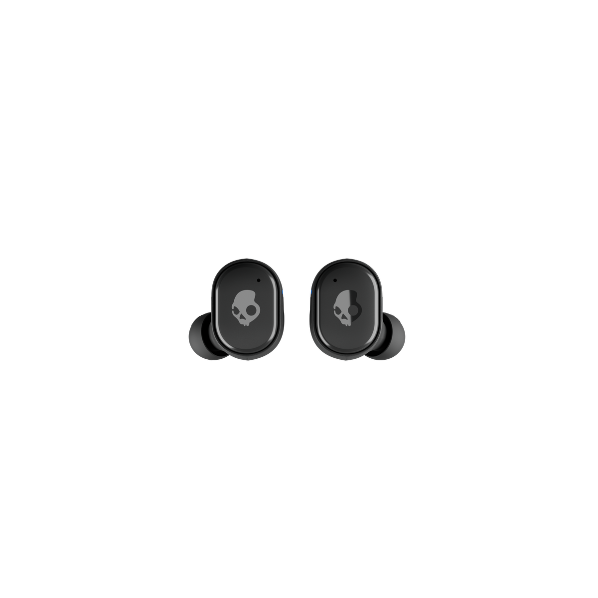 Two black Skullcandy earbuds on a black background. Each has a skull logo.