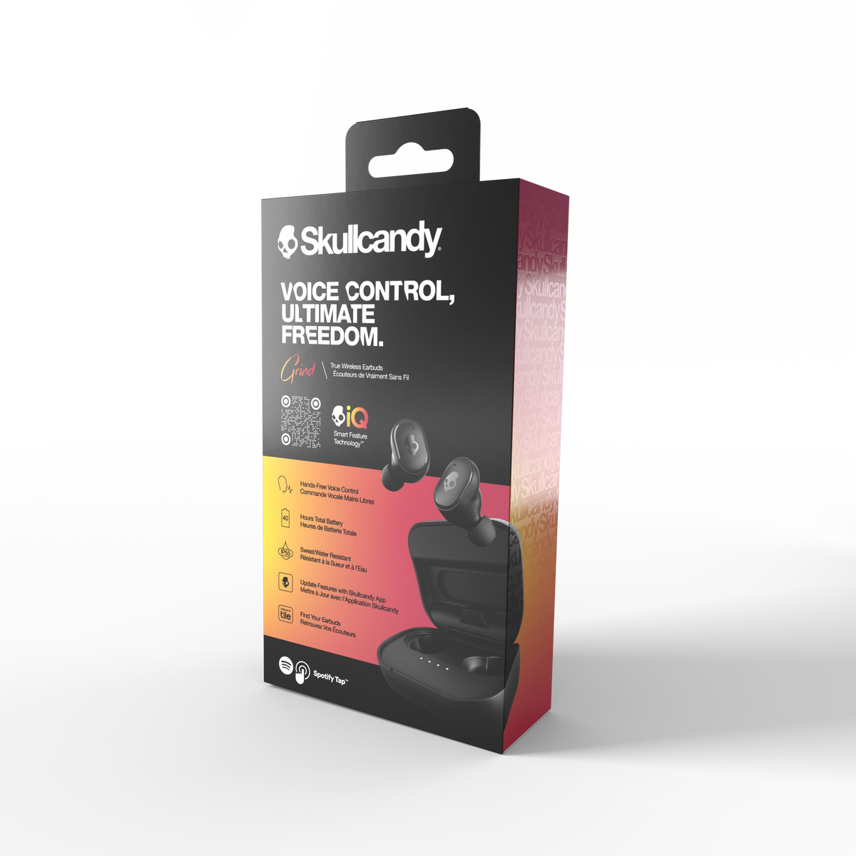 Skullcandy earbuds box. It is black and red. The box shows the earbuds, and has text about voice control and features.