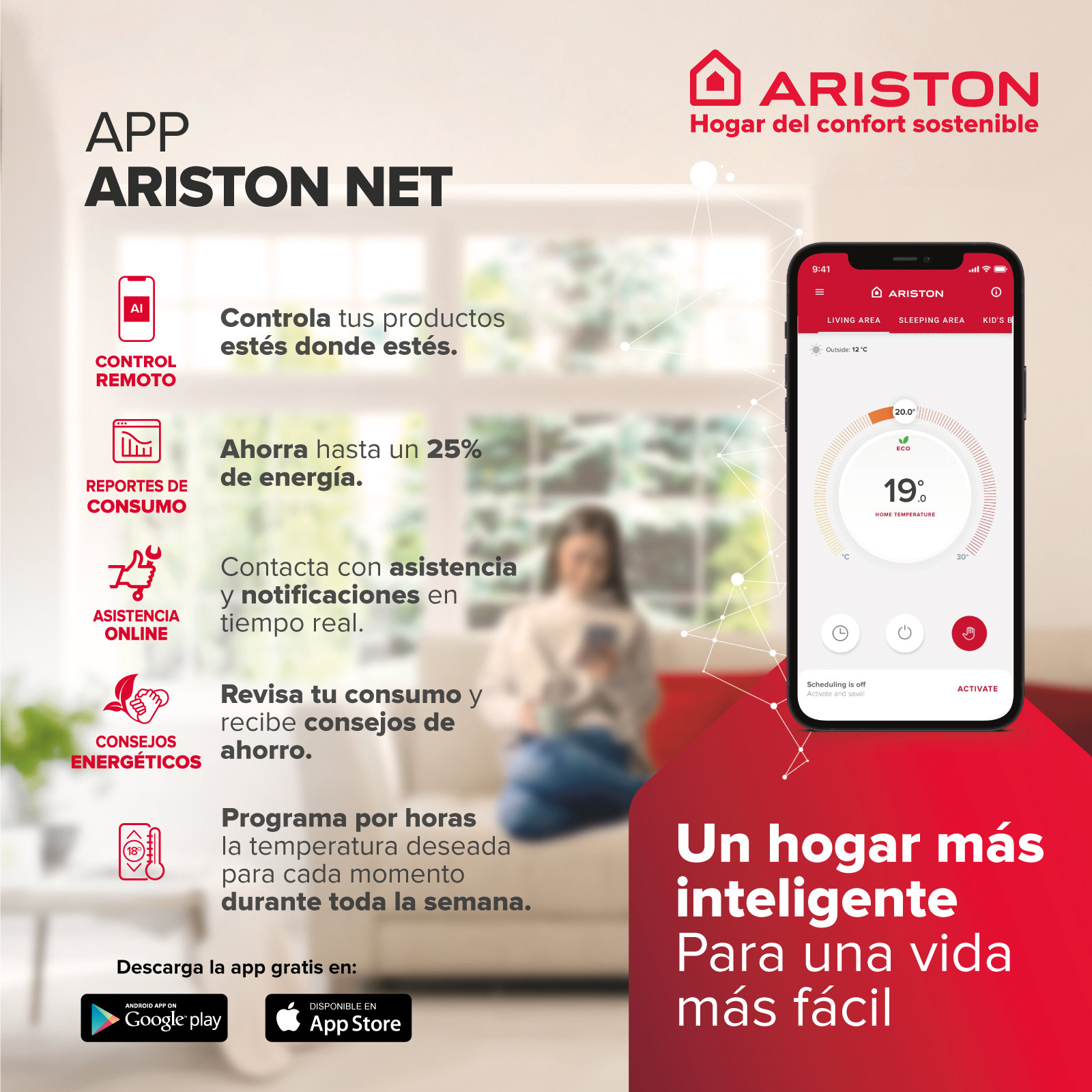 Smartphone con interfaz de aplicación, iconos y texto sobre domótica y ahorro de energía.