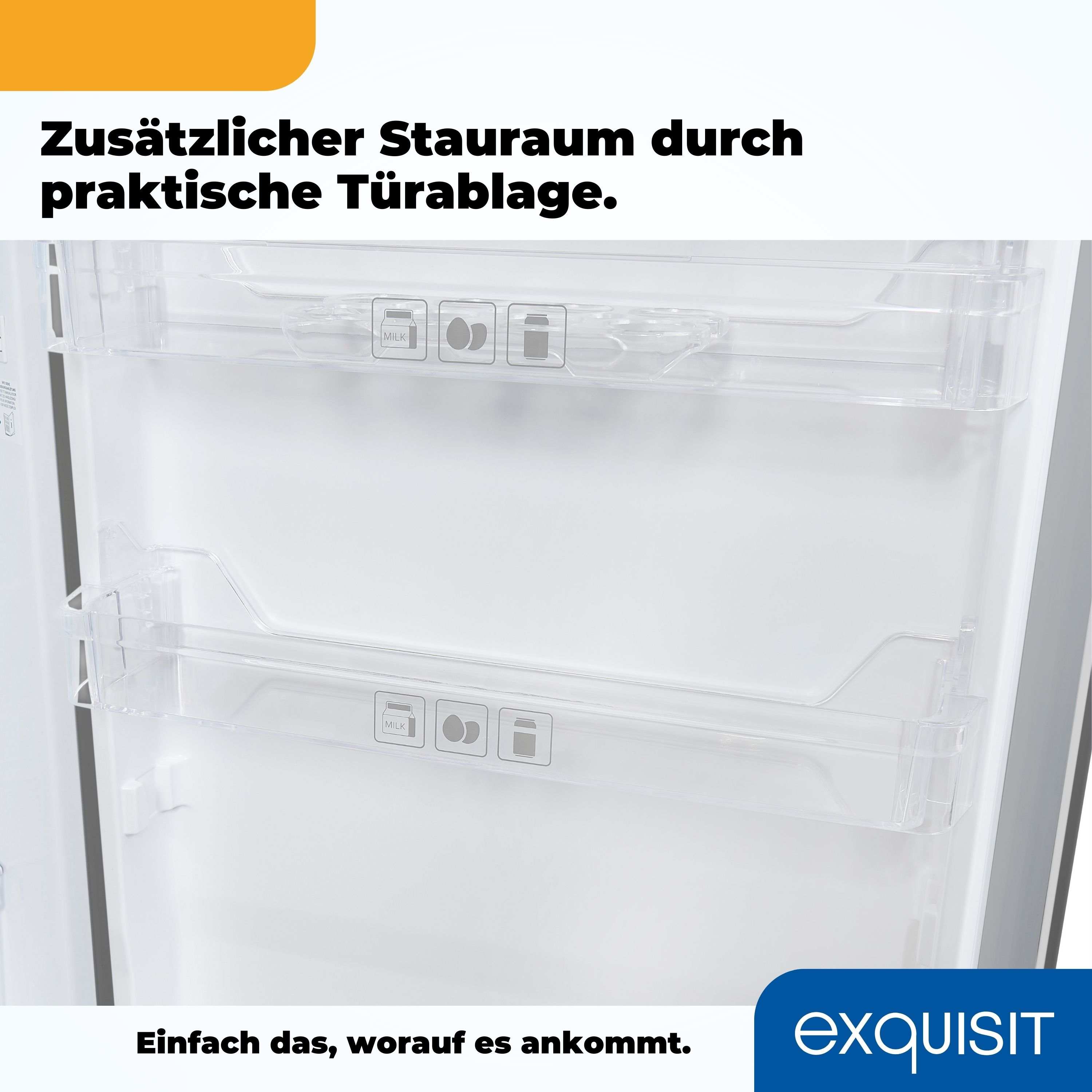Kühlschrankinnenraum mit Regalen und Symbolen.