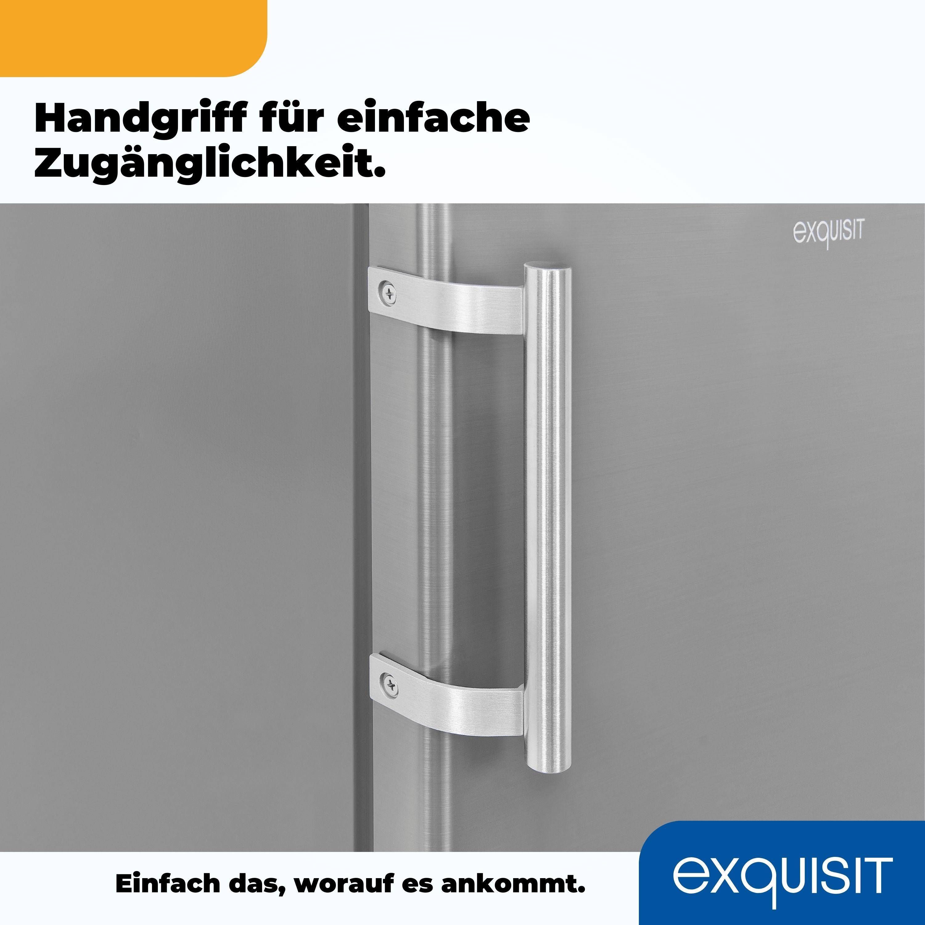 Ein Edelstahl-Türgriff an einer grauen Tür. Der Griff ist zylindrisch.
