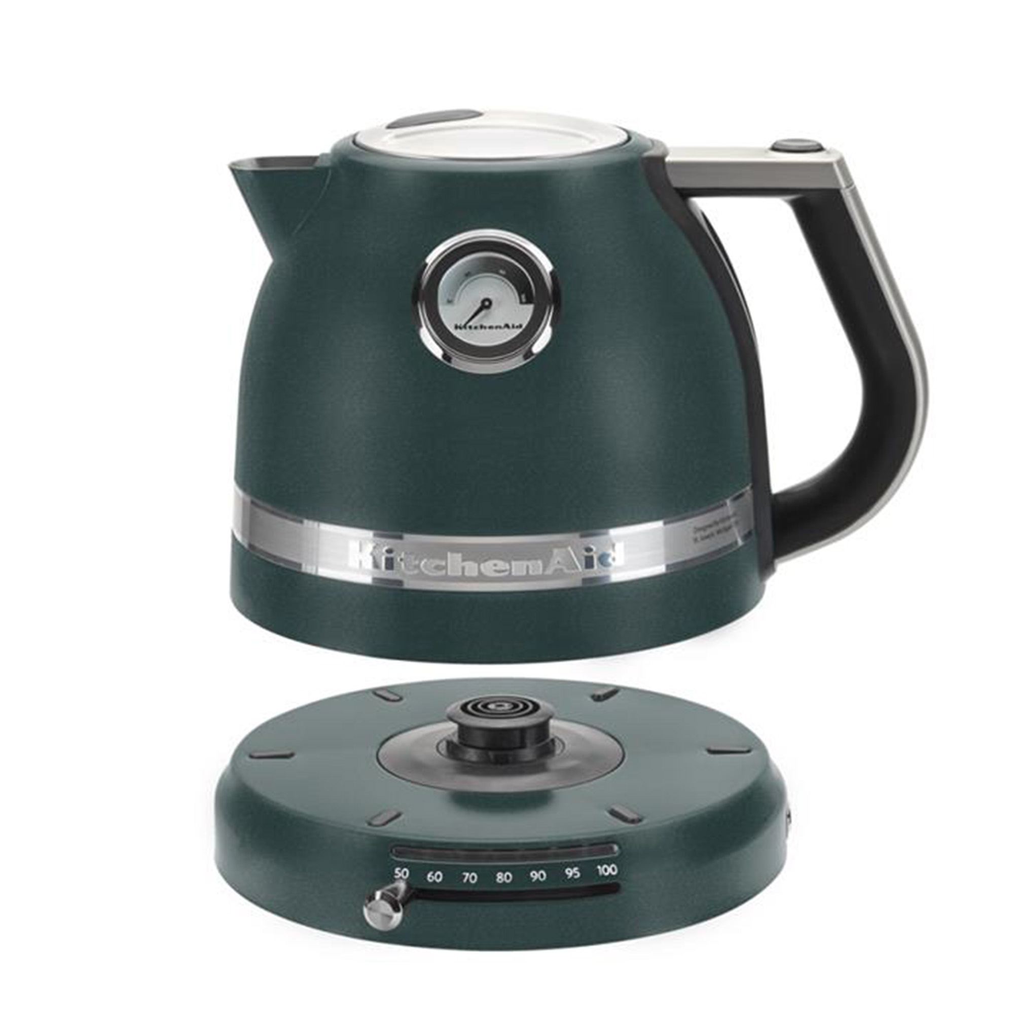 Eine türkisfarbene elektrische Teekanne mit Sockel, Temperaturanzeige und KitchenAid-Logo.