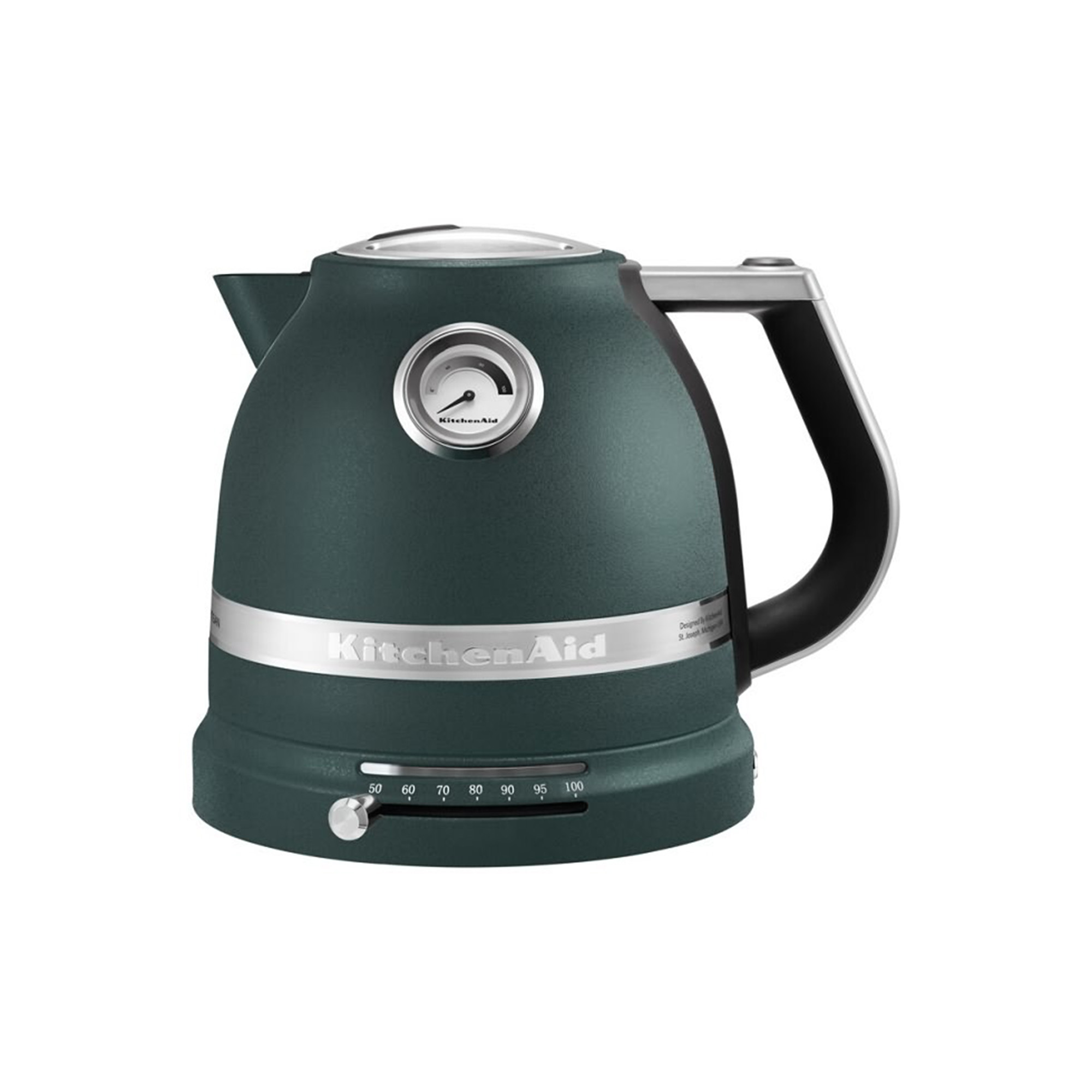 Grüner KitchenAid Wasserkocher mit Temperaturanzeige und schwarzem Griff. Weißer Hintergrund.