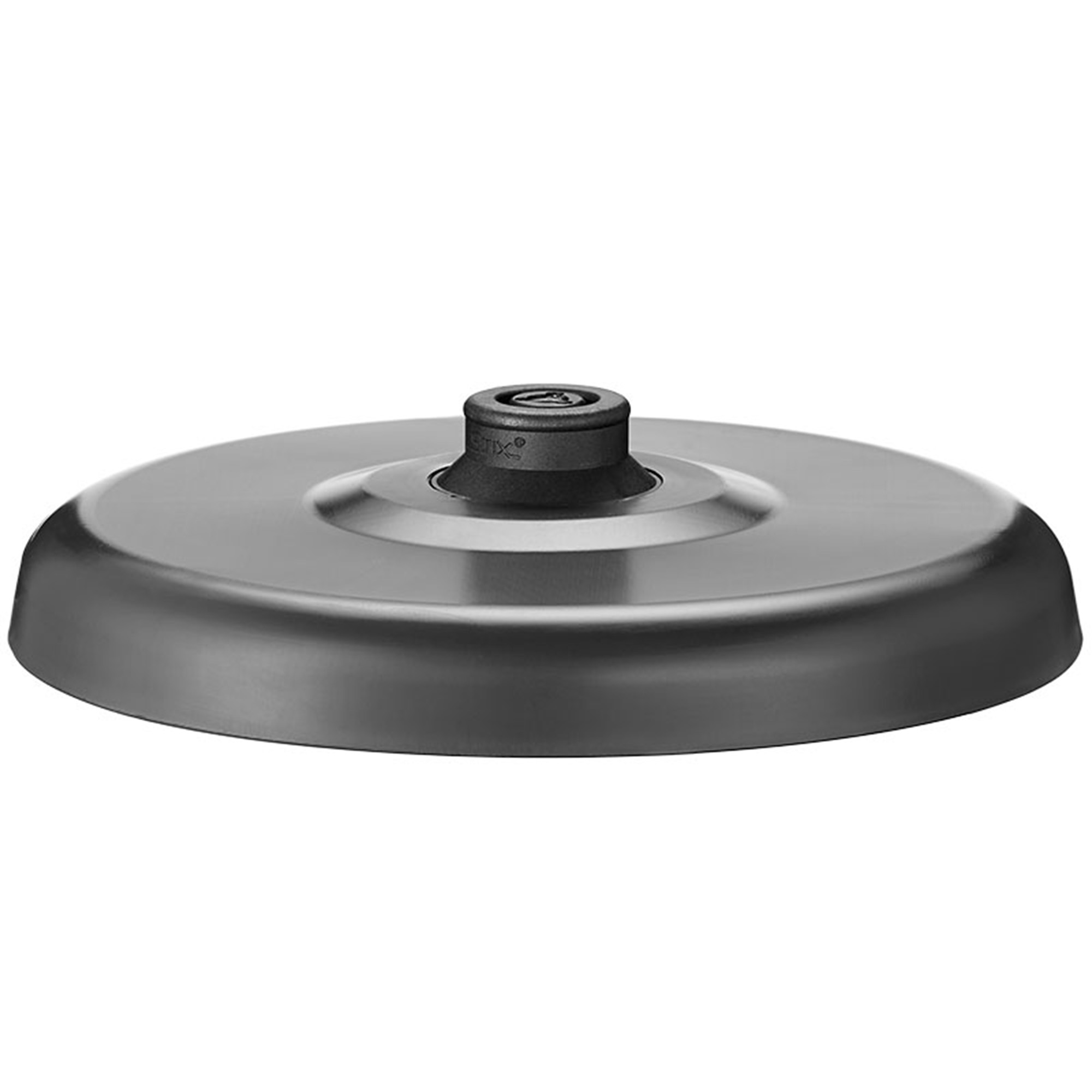 A stainless steel lid with a black plastic handle in the center.