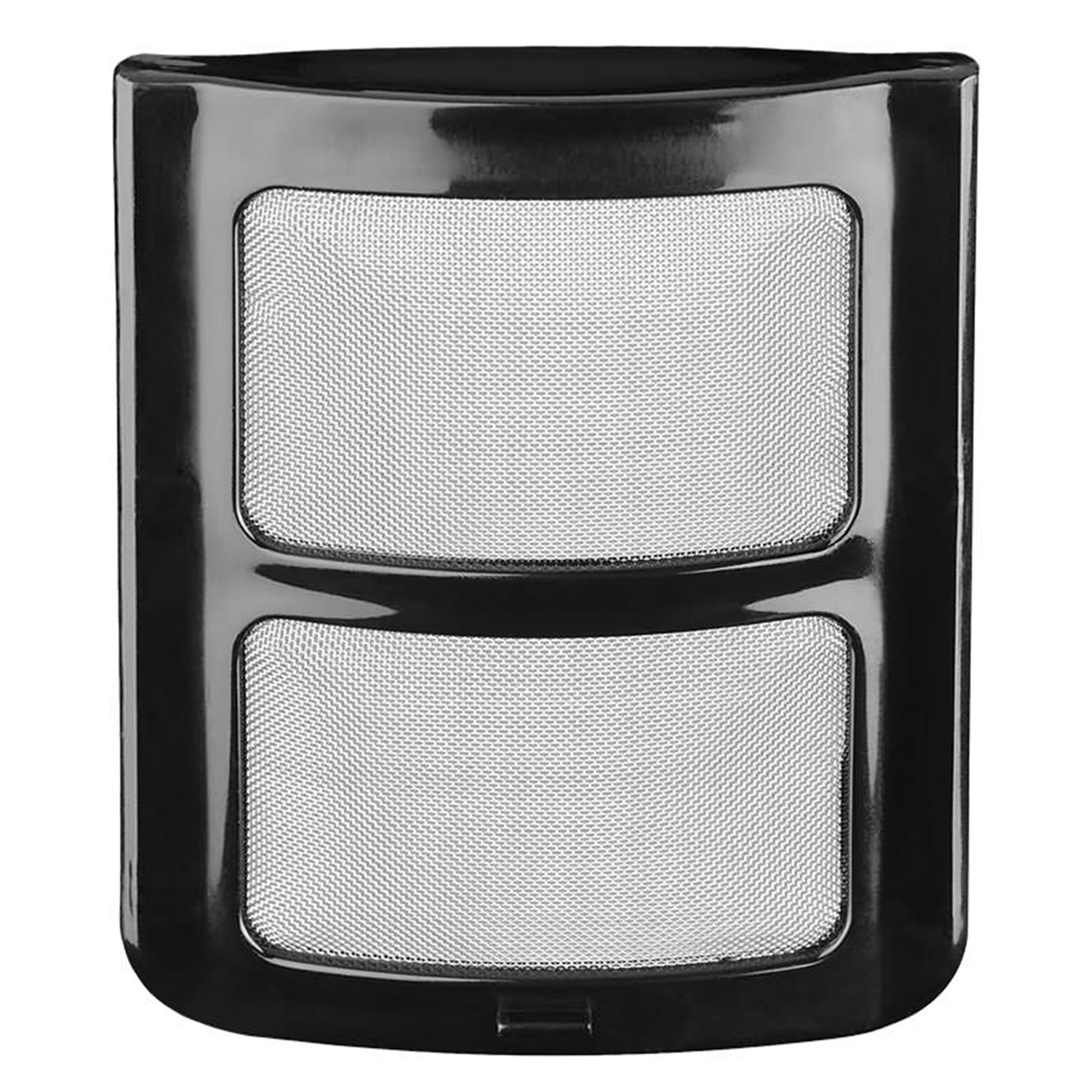 Black coffee machine filter holder. It has mesh filters and is rectangular in shape.