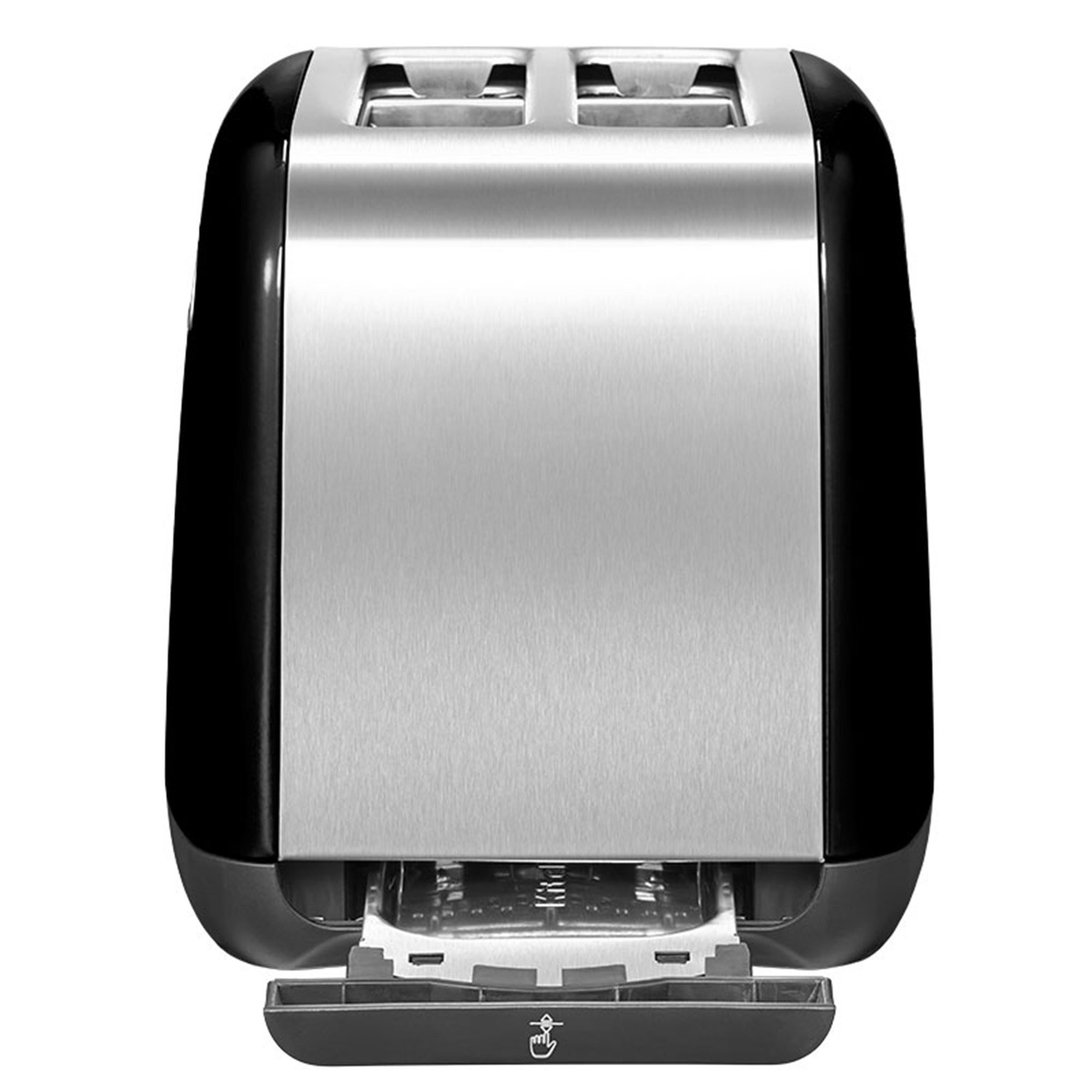 Black and silver toaster with two slots and a crumb tray. Power button is visible.