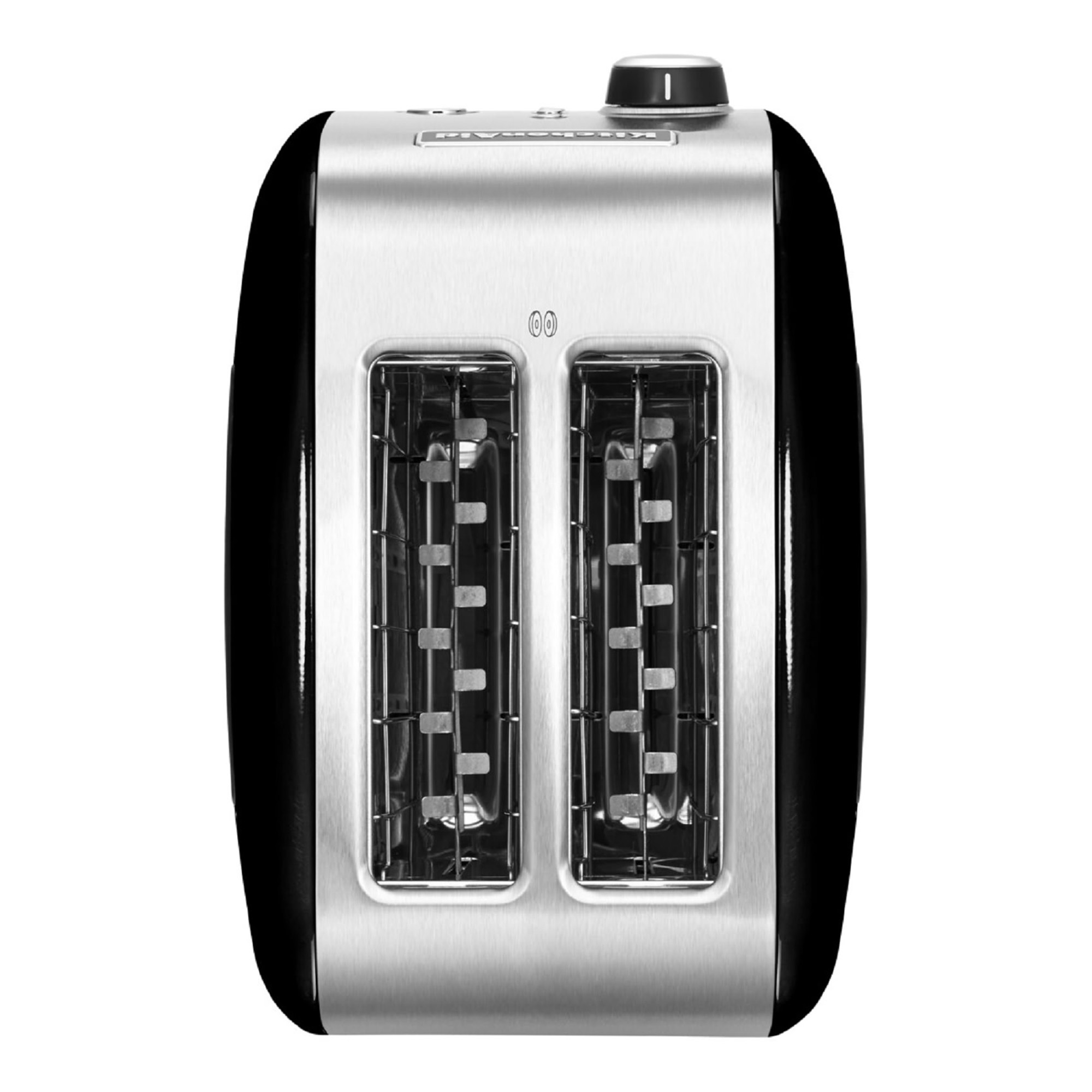 A black and silver toaster with two slots. Top has a dial and buttons.