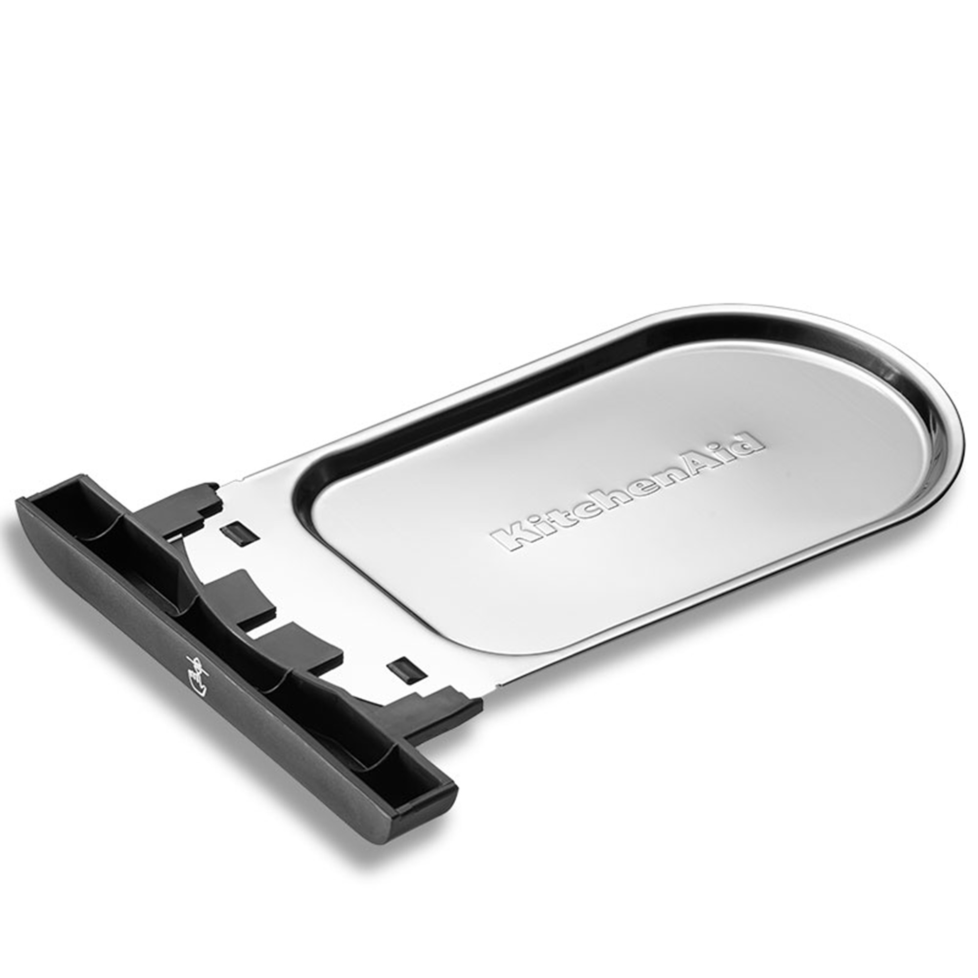 KitchenAid toaster tray, black and silver, angled view.
