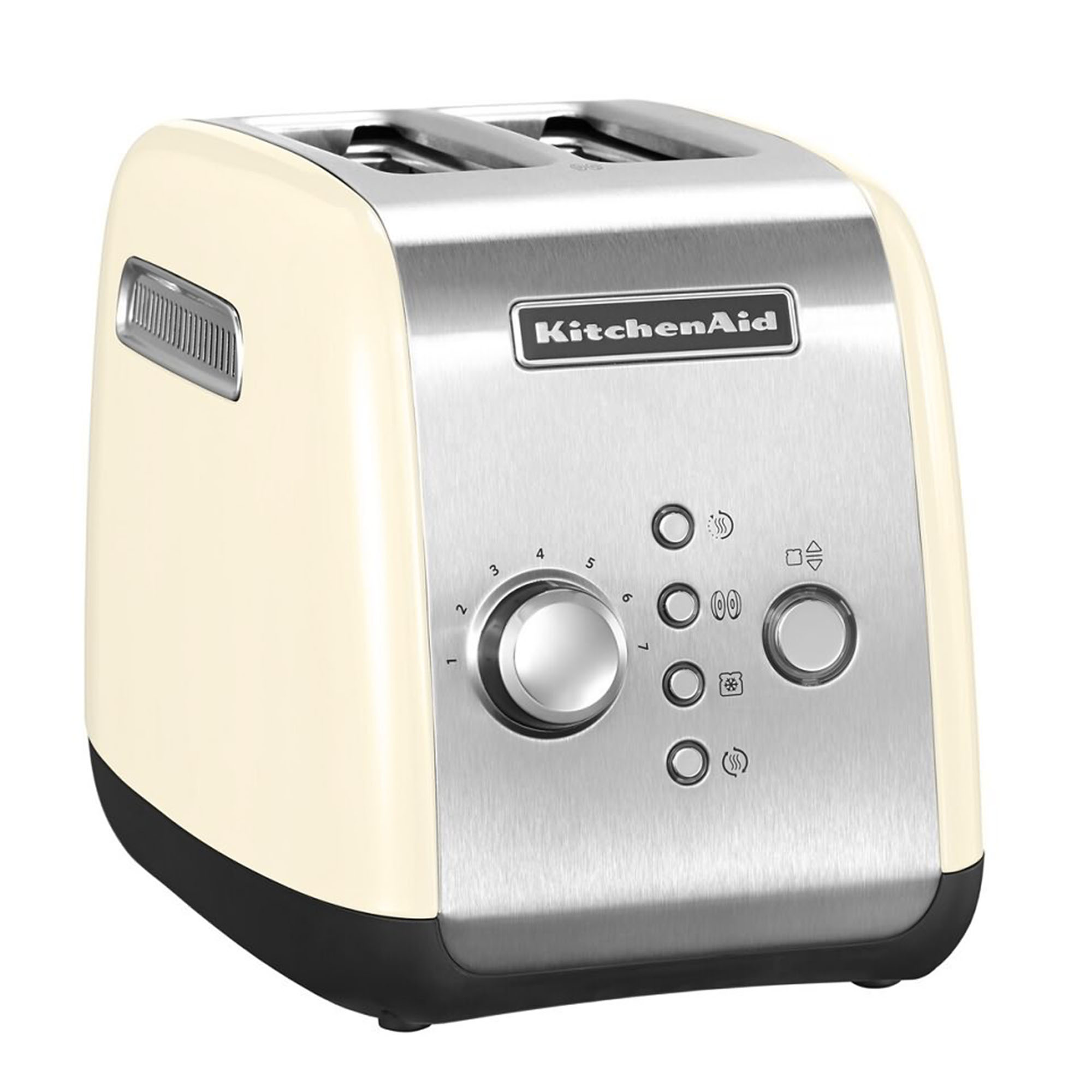 A cream-colored KitchenAid toaster with a silver-colored top. It has numbered controls and buttons.