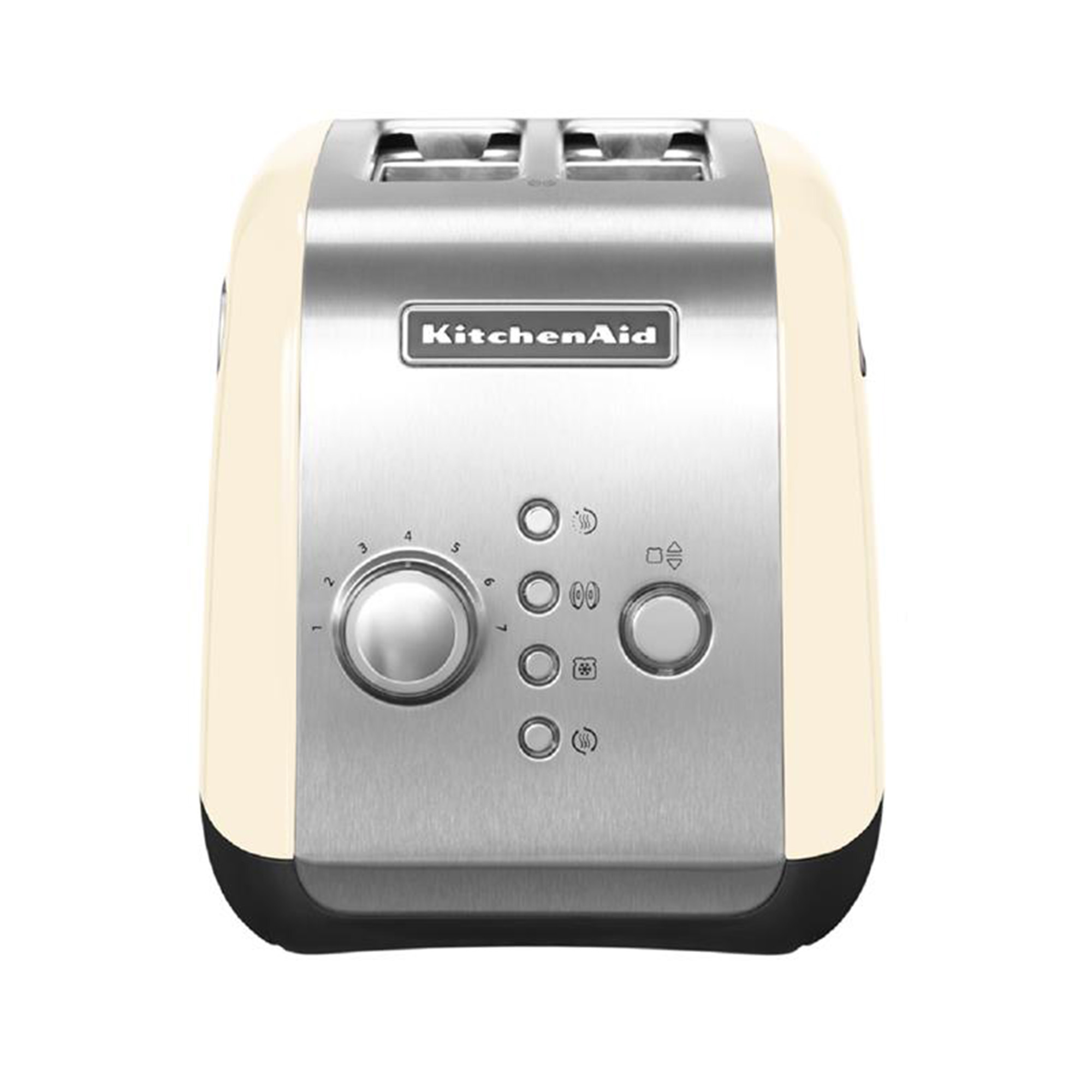 A beige and silver KitchenAid toaster. It has slots for two slices of bread. The buttons are silver and the base is black.