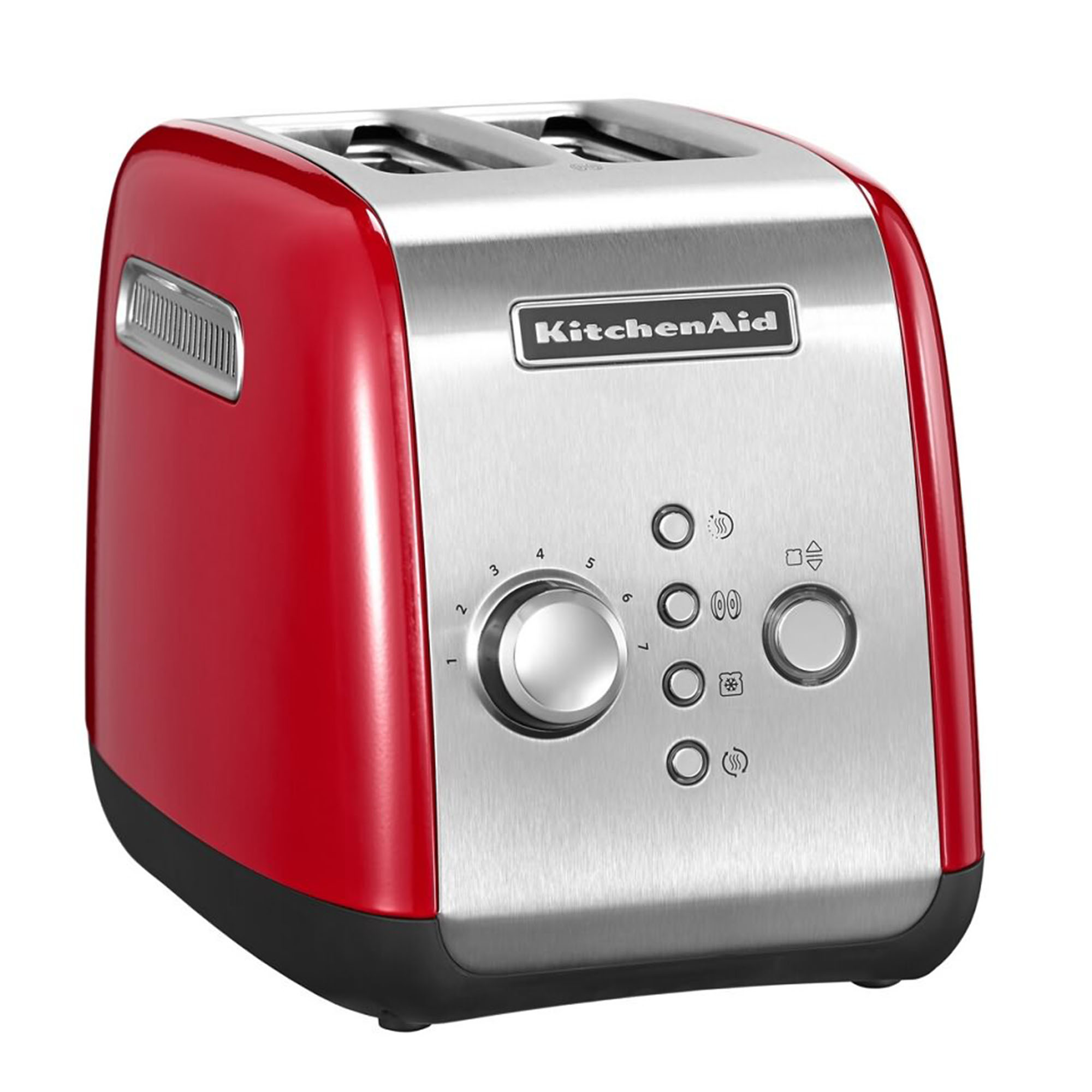 Tostadora KitchenAid roja con detalles plateados. Tiene una perilla de control y botones.