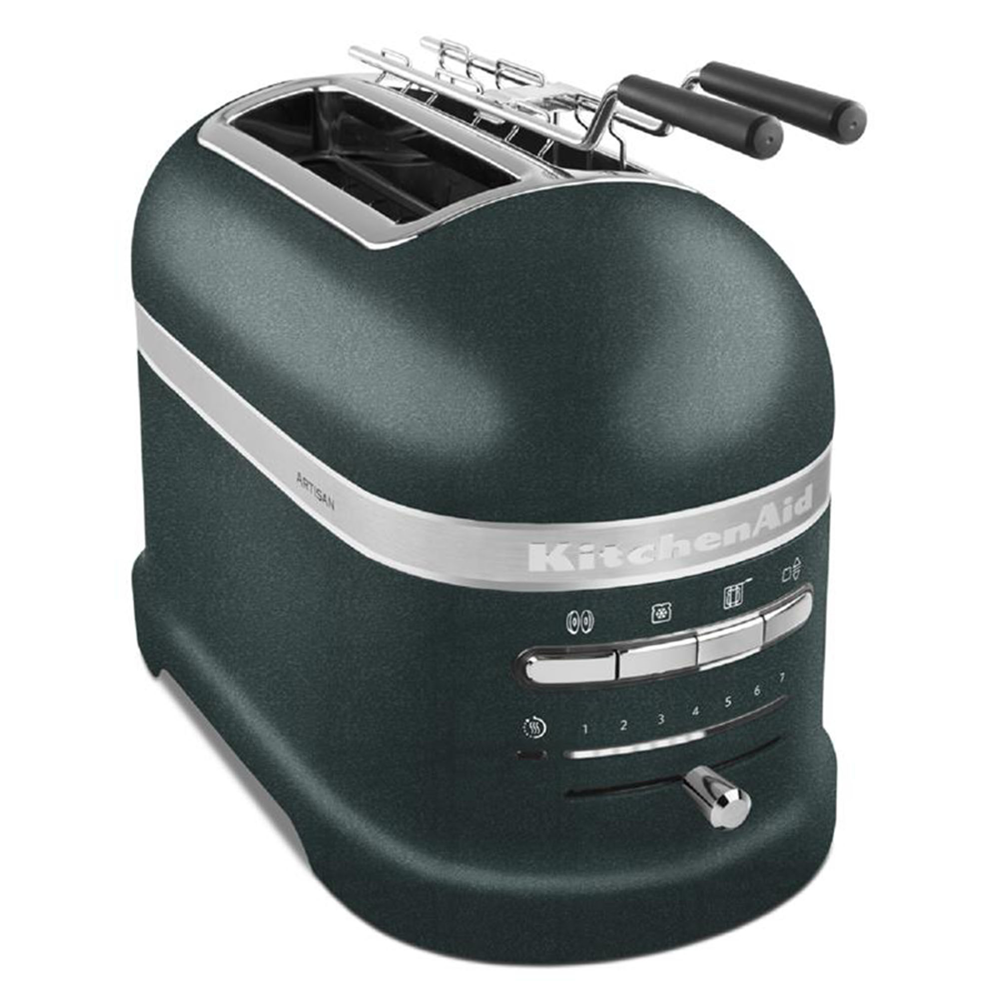 Un tostapane KitchenAid verde scuro. Ha impostazioni per la tostatura e una leva per abbassare il pane.