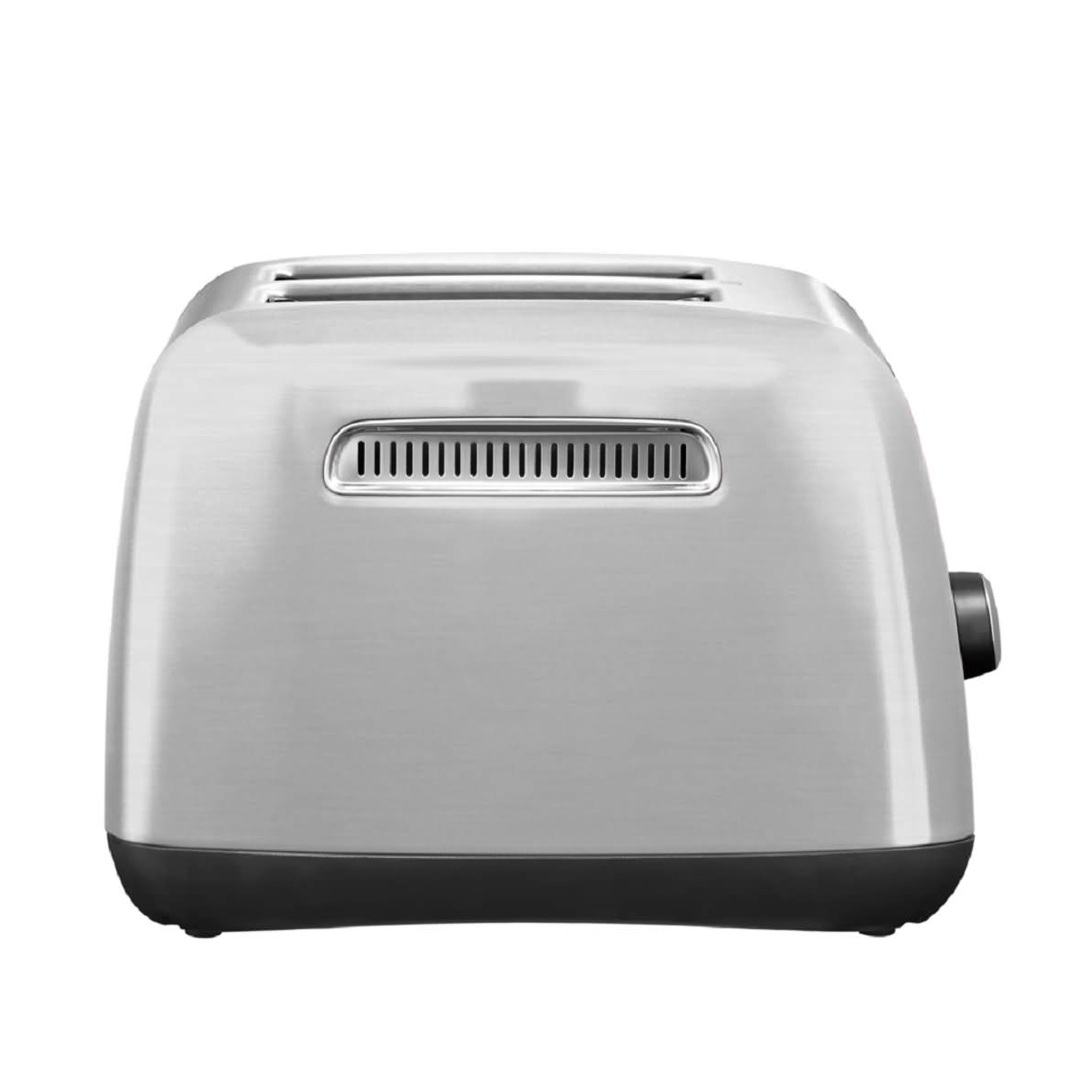 Siyah tabanlı, önden görünüşlü gümüş renkli bir tost makinesi.