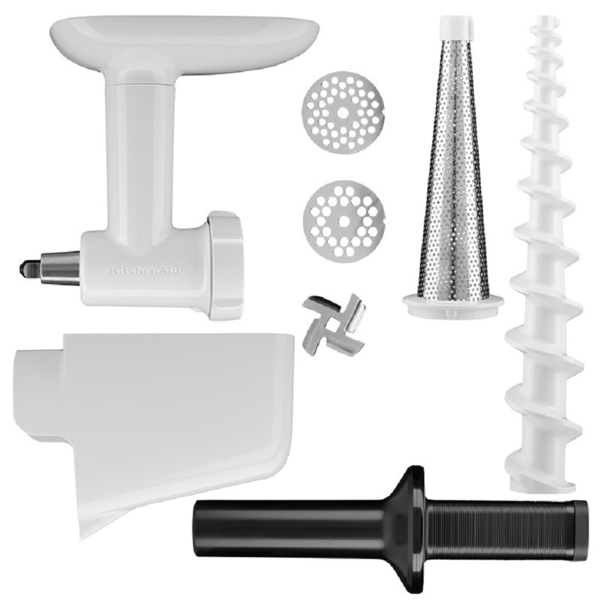 KitchenAid-Fleischwolfaufsätze, weiß, verschiedene Teile.
