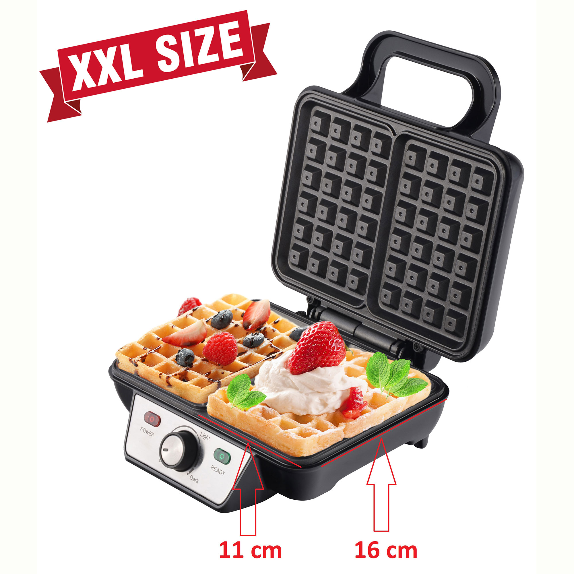 Gofrownica z goframi, truskawkami i kremem. Tekst: ROZMIAR XXL i podane wymiary.