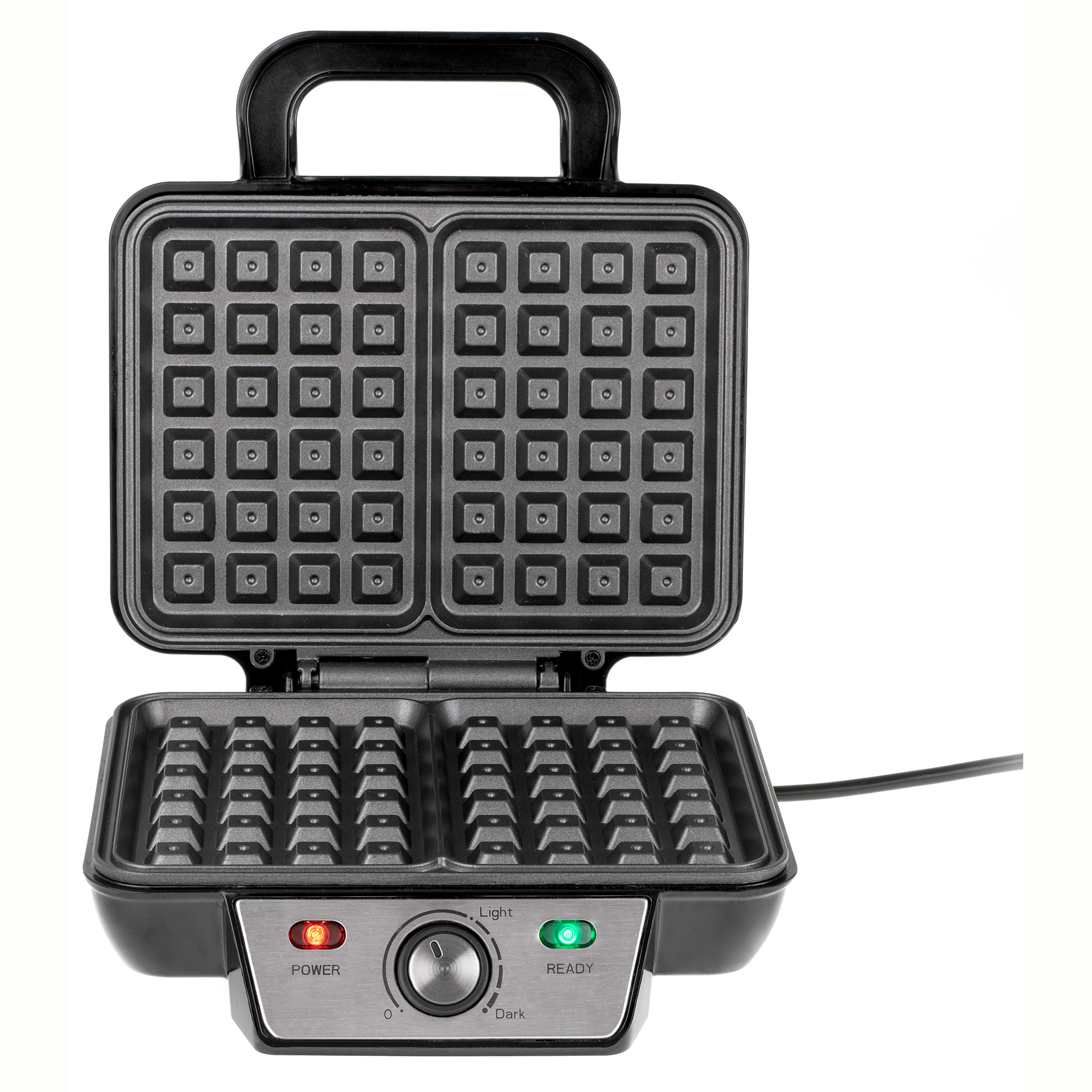 Otwarta gofrownica z czerwonymi i zielonymi lampkami kontrolnymi zasilania. Pokrętło pośrodku.