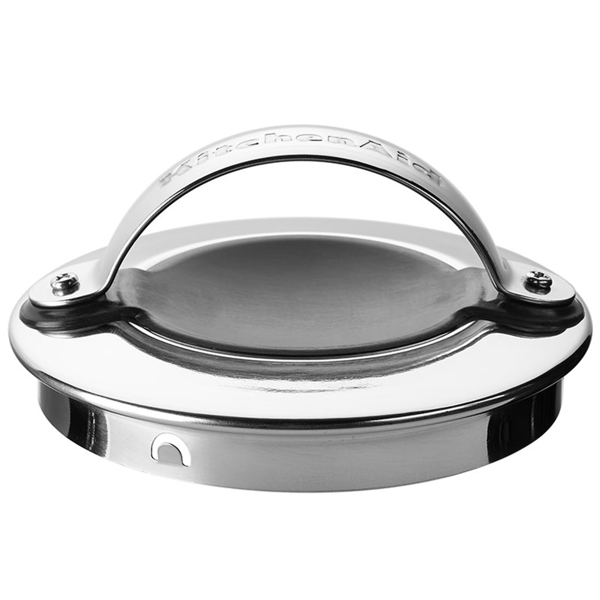 A stainless steel lid with a handle, labeled KitchenAid.