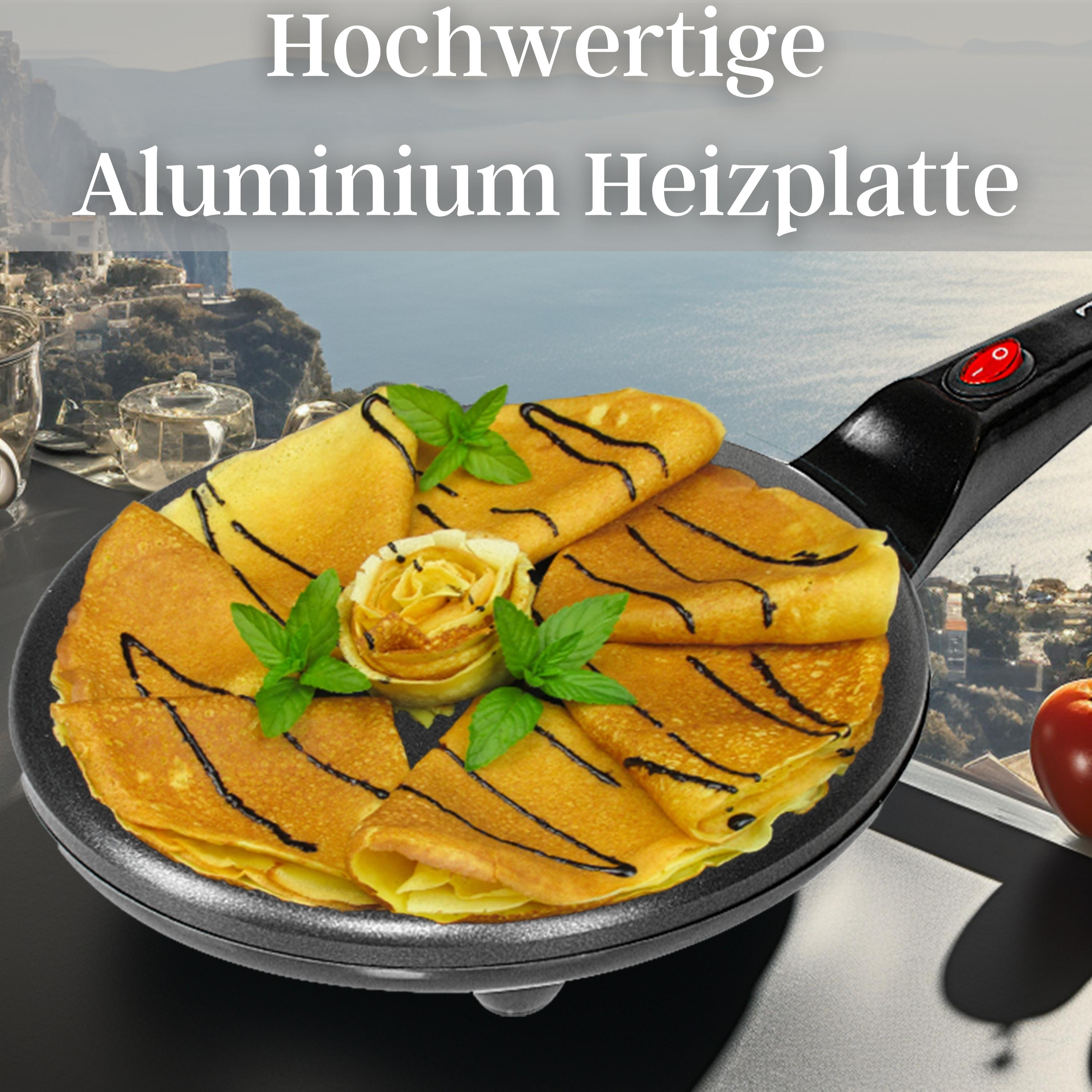 Pfannkuchen auf einer schwarzen Pfanne mit rotem Ein-Aus-Schalter. Text: Hochwertige Aluminium-Heizplatte.
