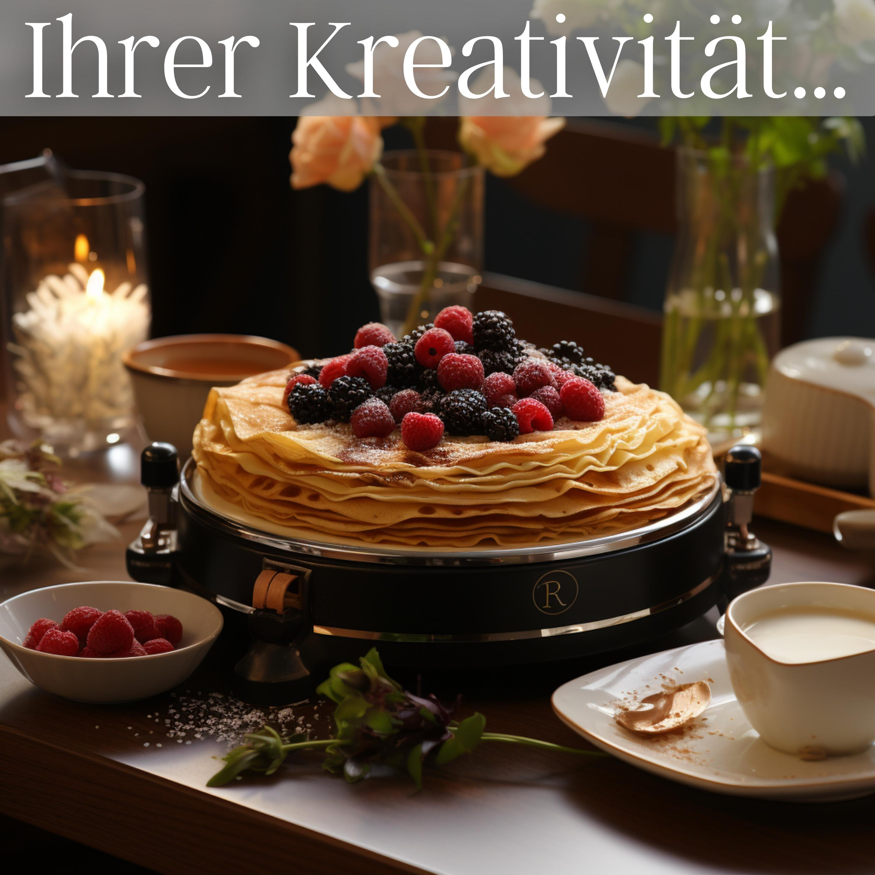 Ein Stapel Crêpes mit Beeren auf einem Ständer. Eine Schüssel mit Himbeeren und eine Tasse Milch sind in der Nähe.