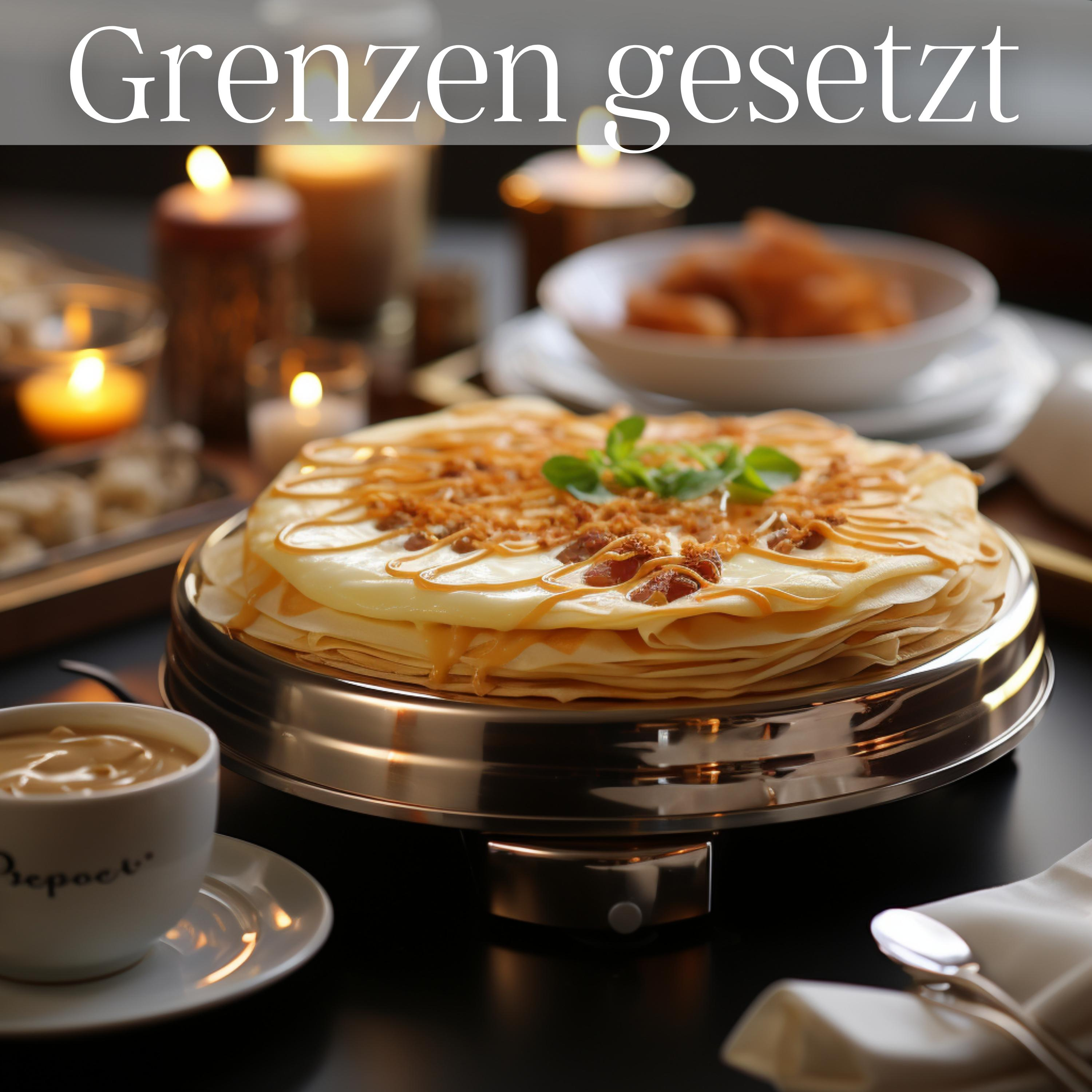 Ein Tisch mit einem Stapel Pfannkuchen, Karamell-Topping, Kerzen und einer Tasse Kaffee.