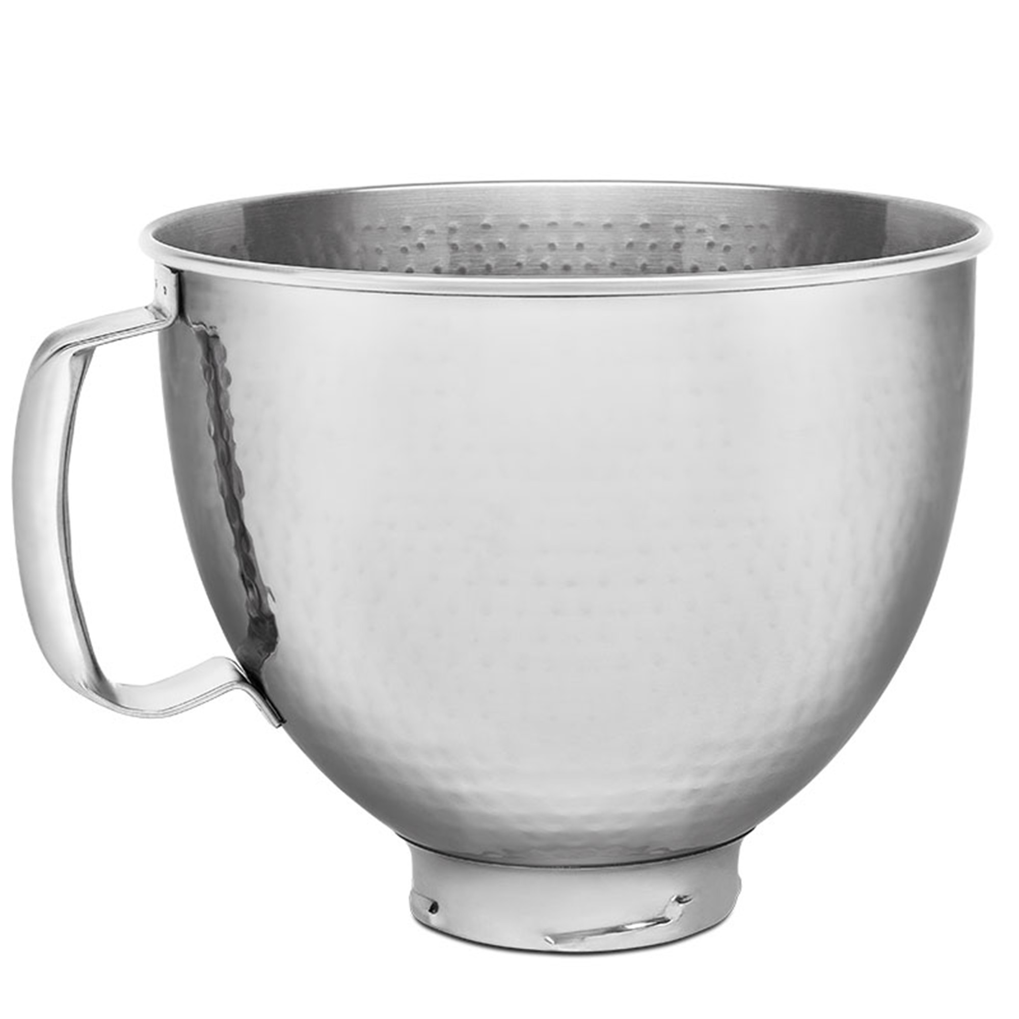 Edelstahl-Rührschüssel mit Griff, strukturierter Oberfläche und geschwungener Form.