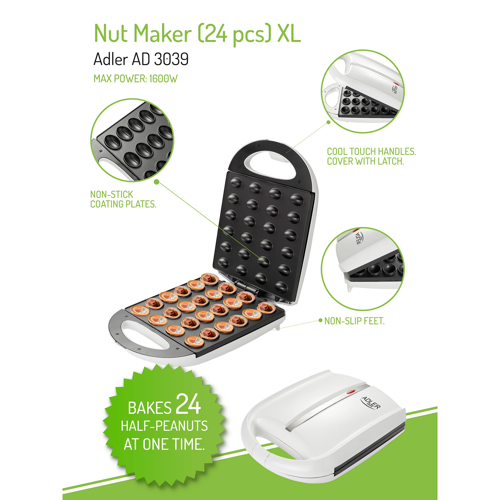 Biało-czarna maszyna do robienia orzechów z jedzeniem w środku, otoczona tekstem i diagramami.