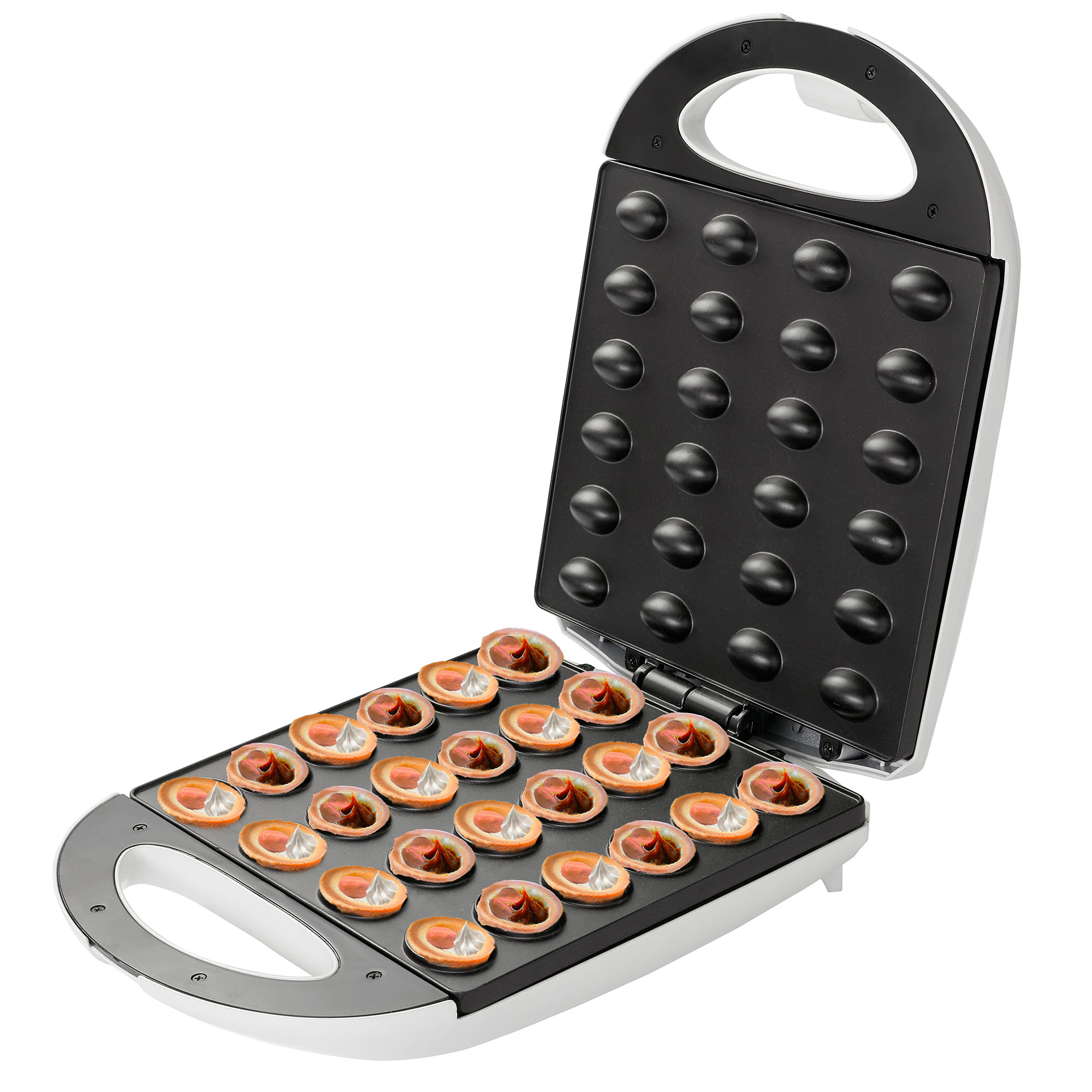 Otwarta biała gofrownica z upieczonymi goframi. Tło jest białe.