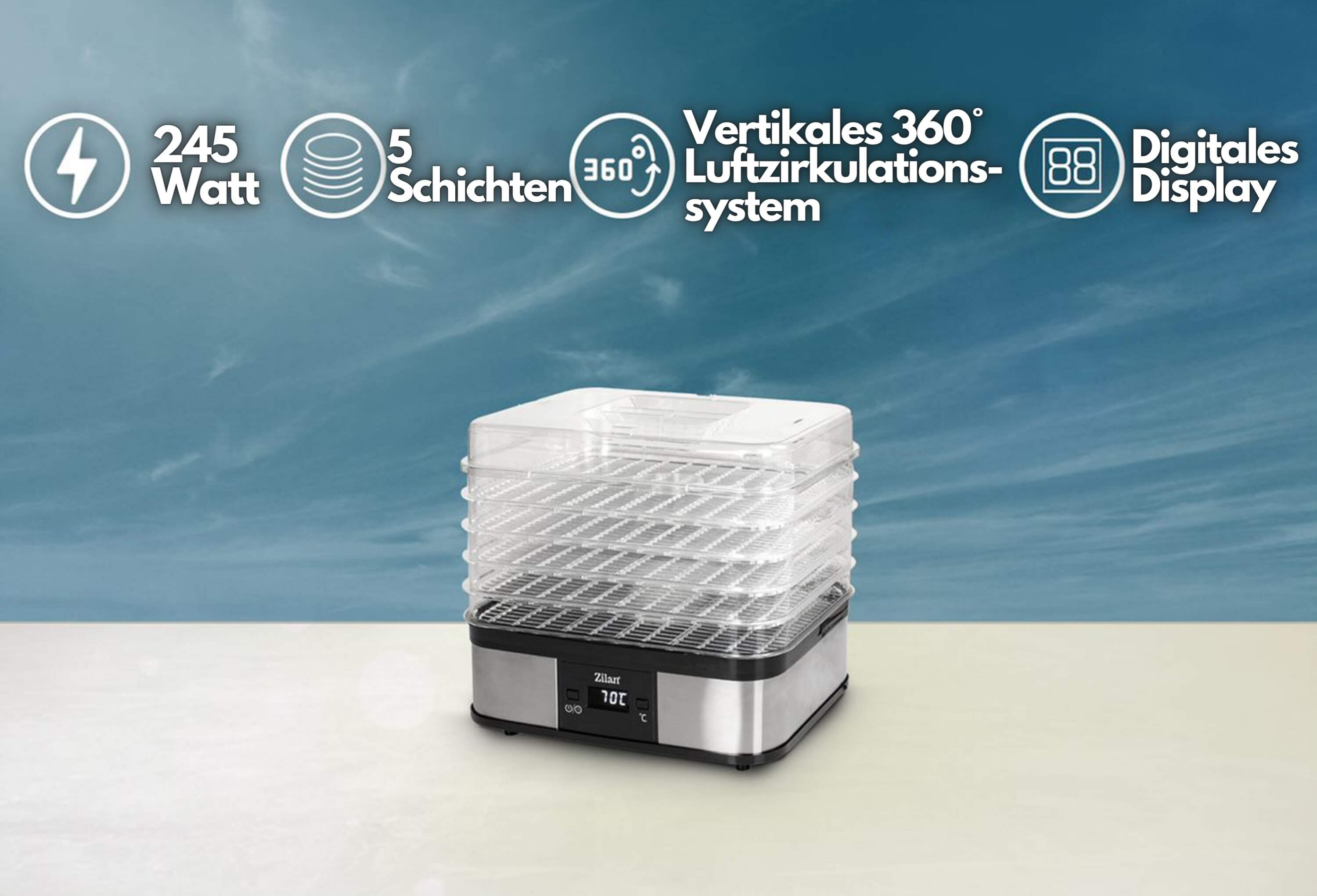 Ein mehrstufiger Dörrautomat mit digitaler Anzeige vor blauem Himmel.