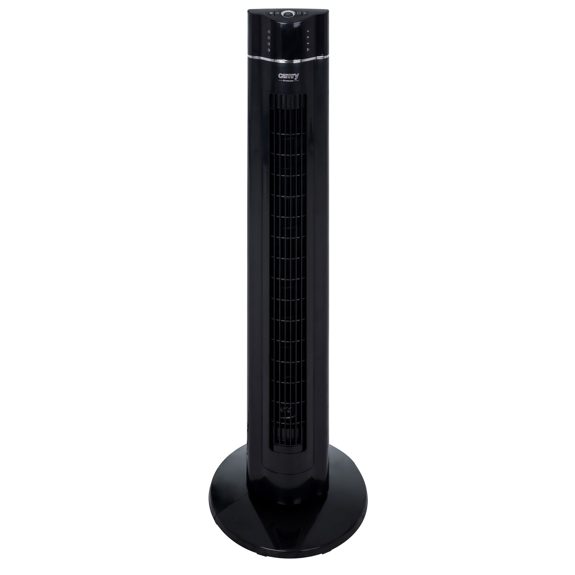 Hoher schwarzer Turmventilator mit rundem Sockel, vor weißem Hintergrund.