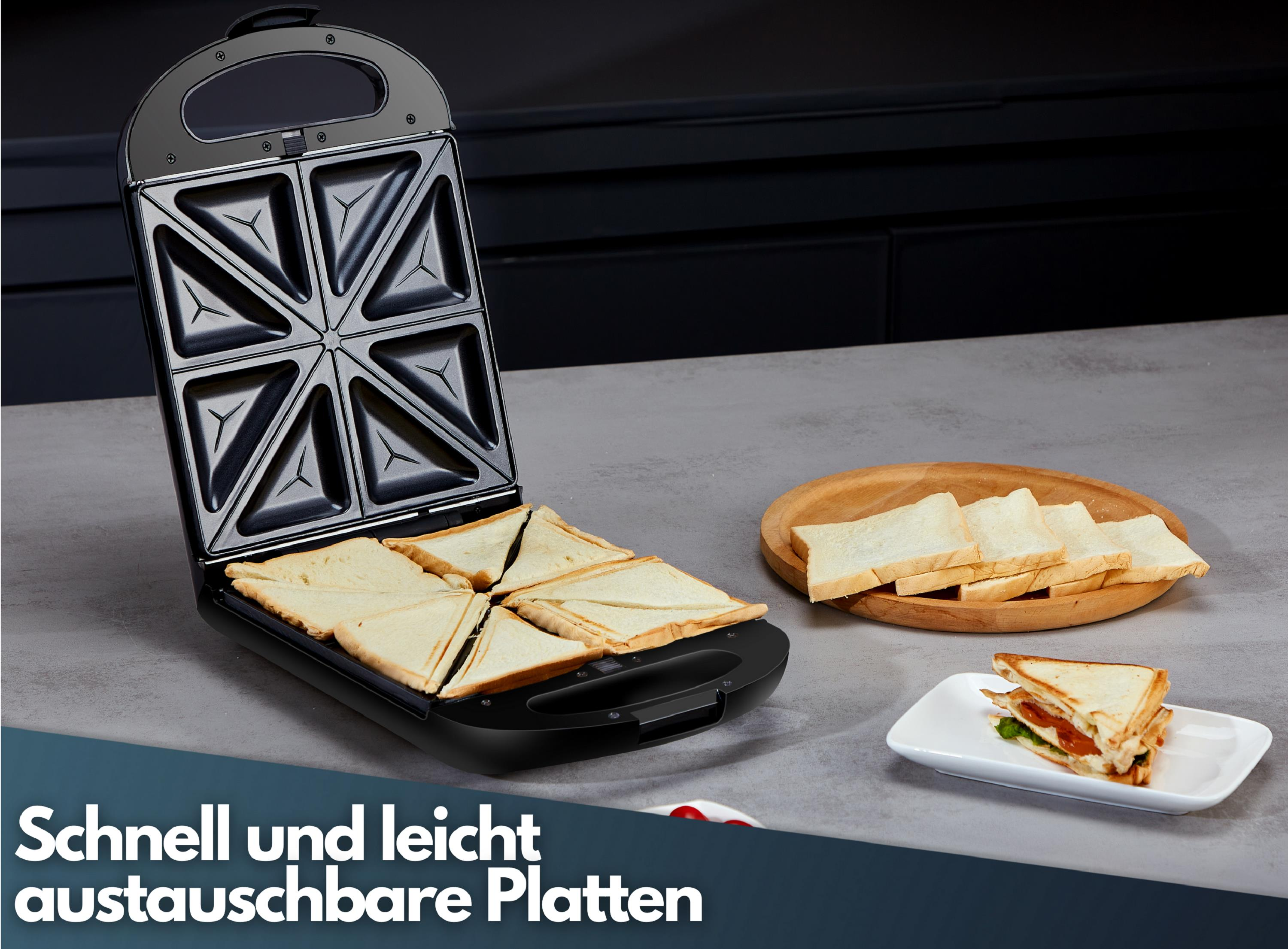 Ein schwarzer Sandwichmaker mit Sandwiches darin und auf einem Teller. Text: "Schnell und leicht austauschbare Platten".