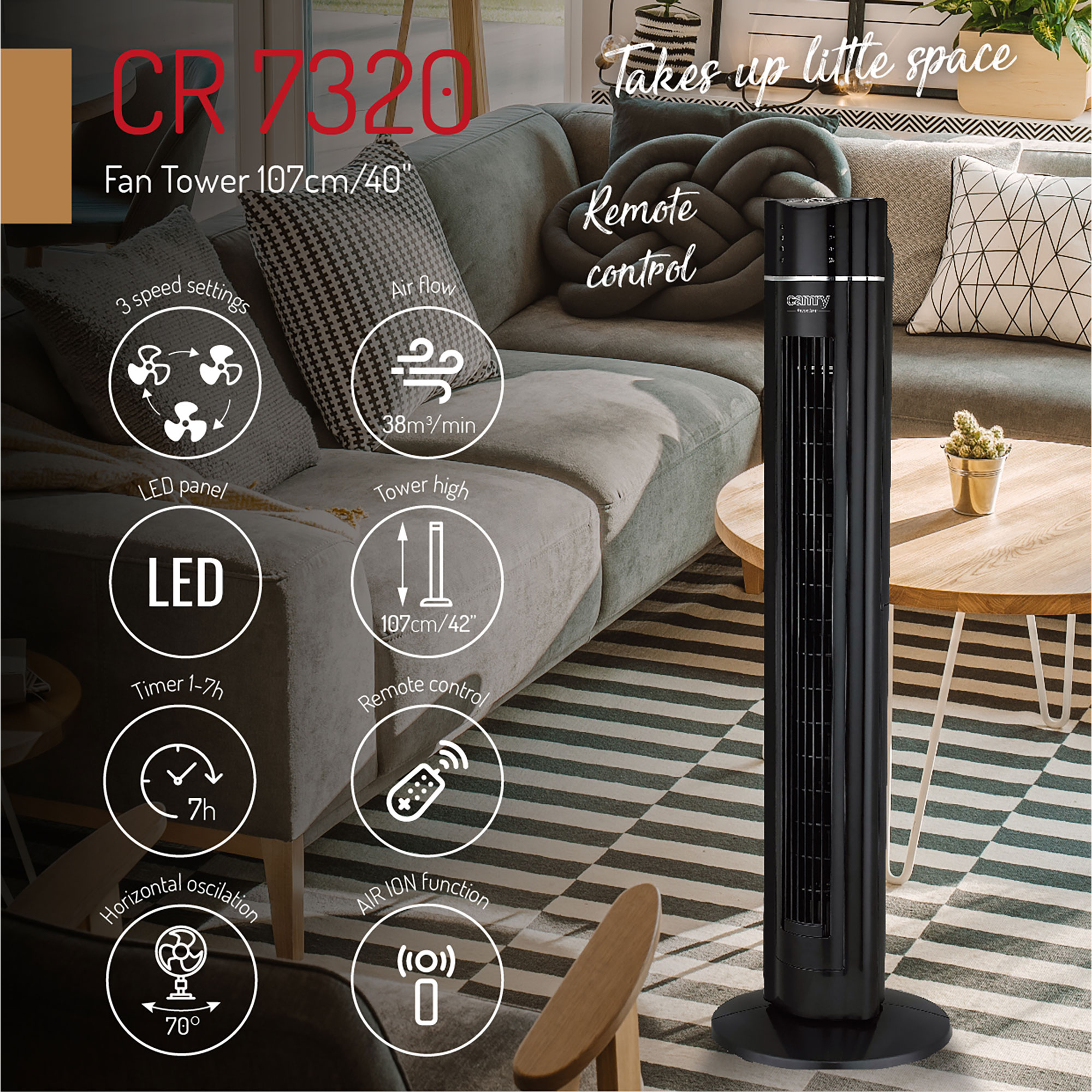 Ein schwarzer Ventilatorturm mit Beschreibungen. Eine Couch und ein Holztisch sind im Hintergrund.