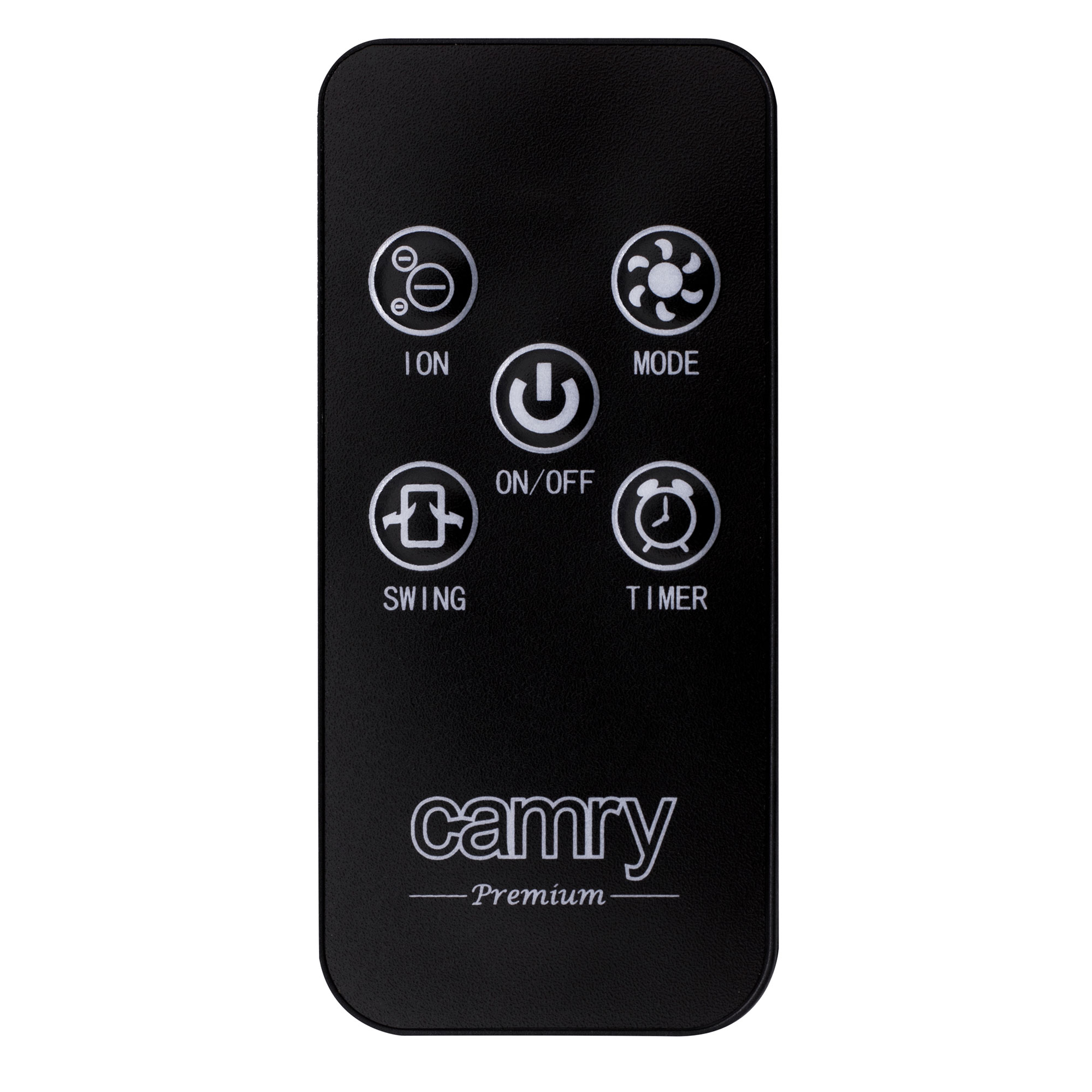 Eine schwarze Fernbedienung mit Tasten: ION, MODE, ON/OFF, SWING, TIMER. Marke: Camery.