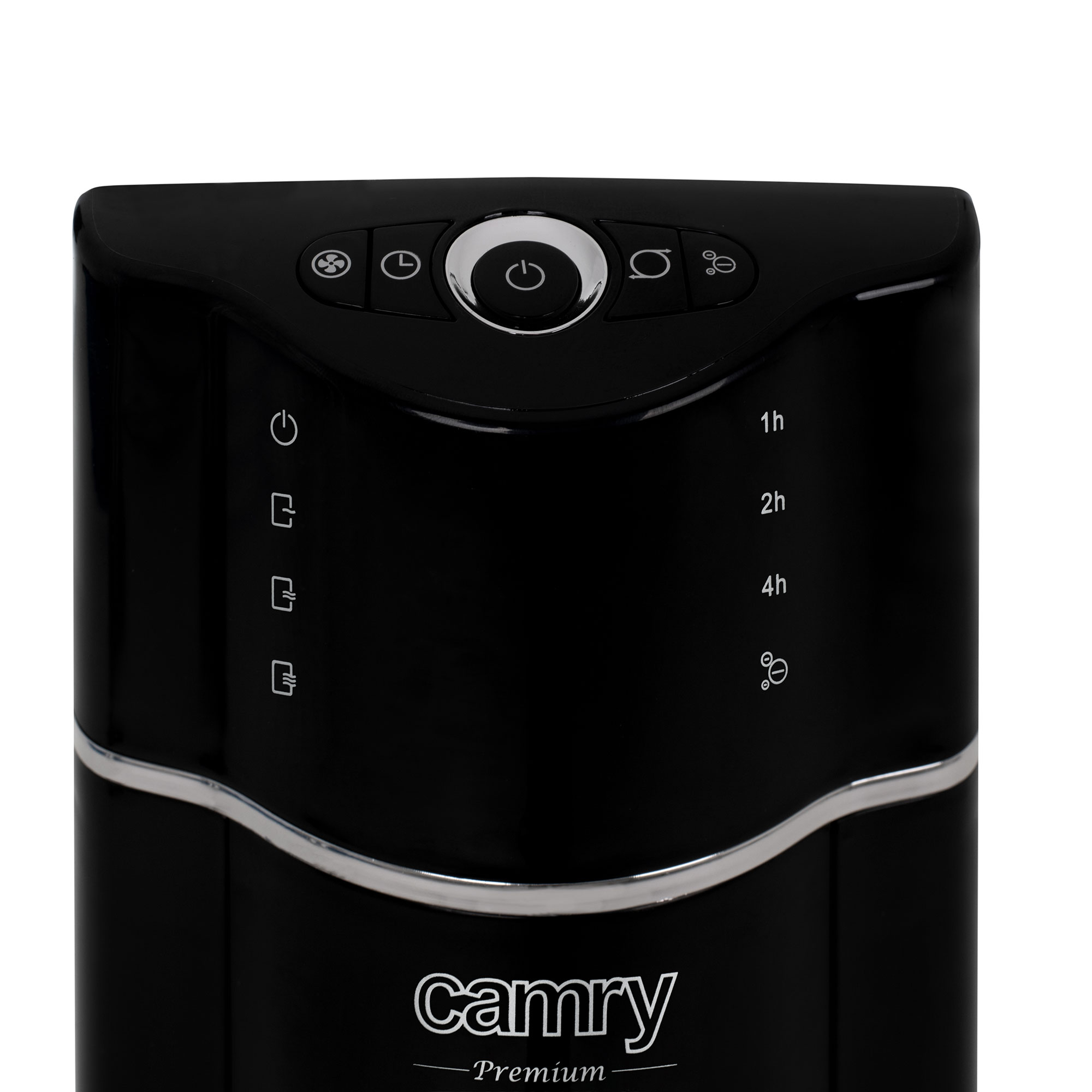 Ein schwarzes Lüfterbedienfeld mit Ein-/Aus- und Timertasten und dem Camry-Logo.