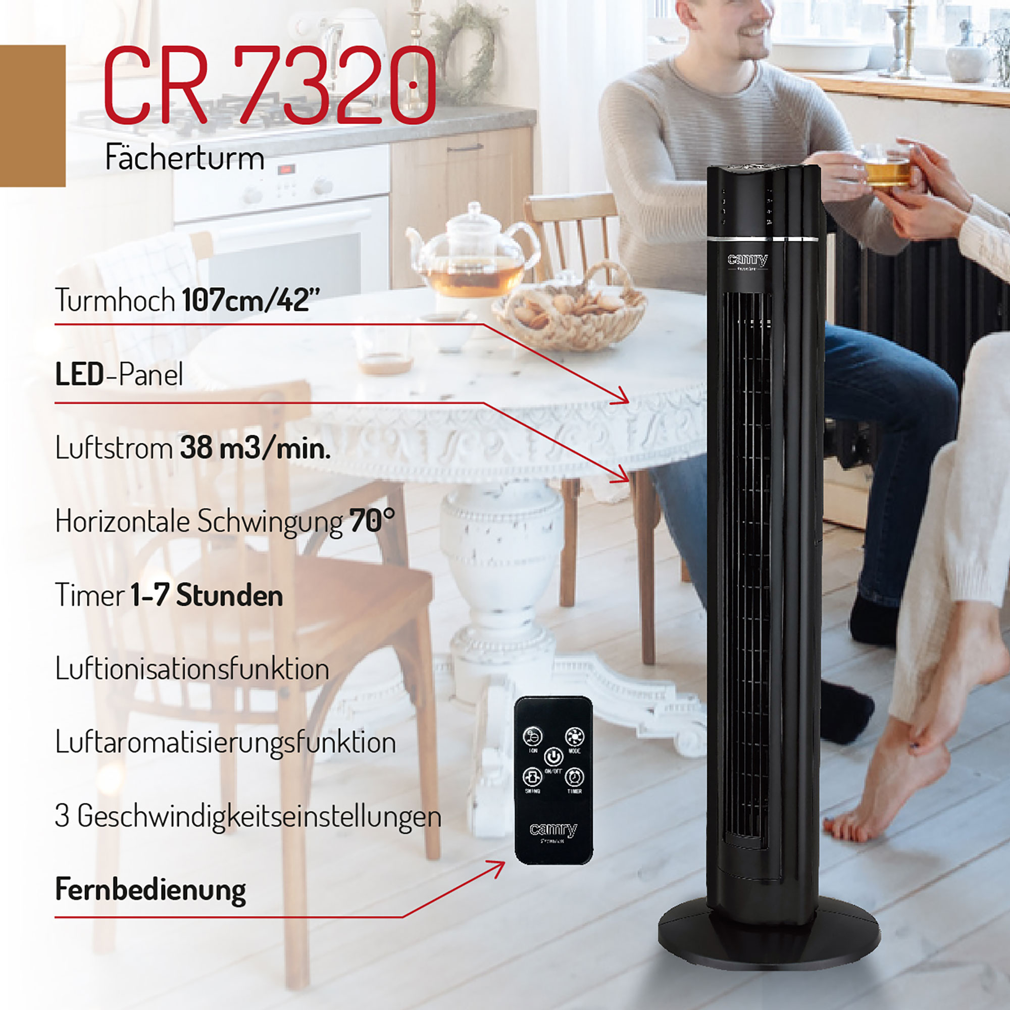 Ein schwarzer Ventilator mit Fernbedienung befindet sich in einem Raum. Zwei Personen sitzen an einem Tisch.