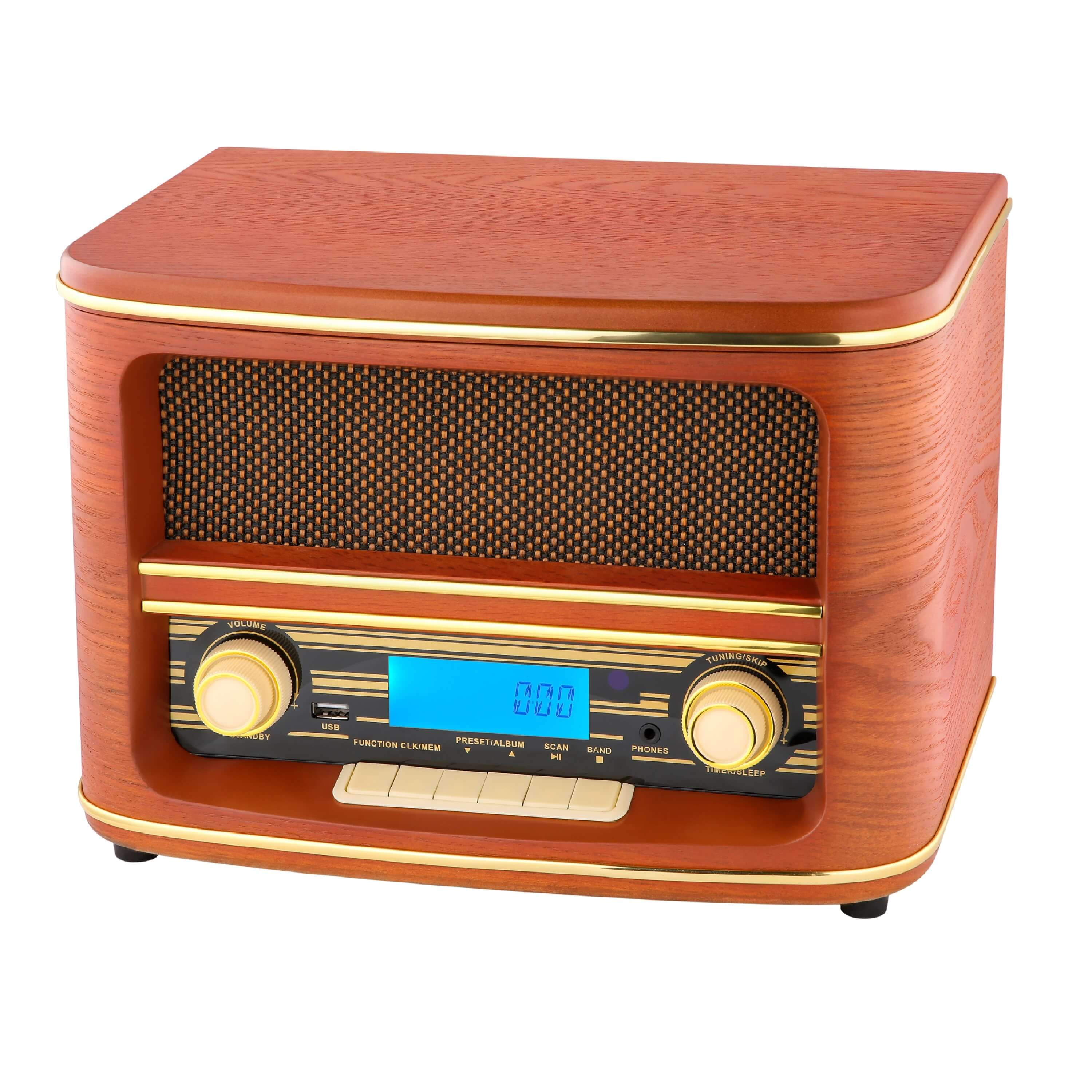 Retro-Radio aus Holz mit Digitalanzeige, Knöpfen und Lautsprechergrill.