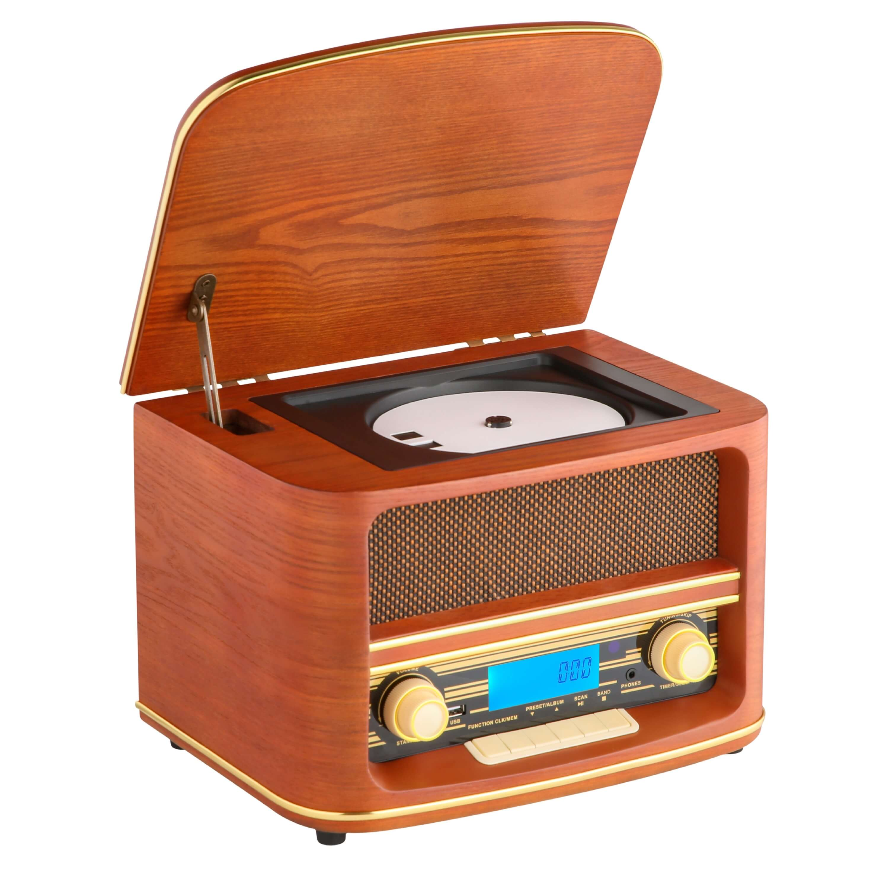 Retro-Radio aus Holz mit CD-Player. Mit goldfarbenem Dekor und blauem Display.